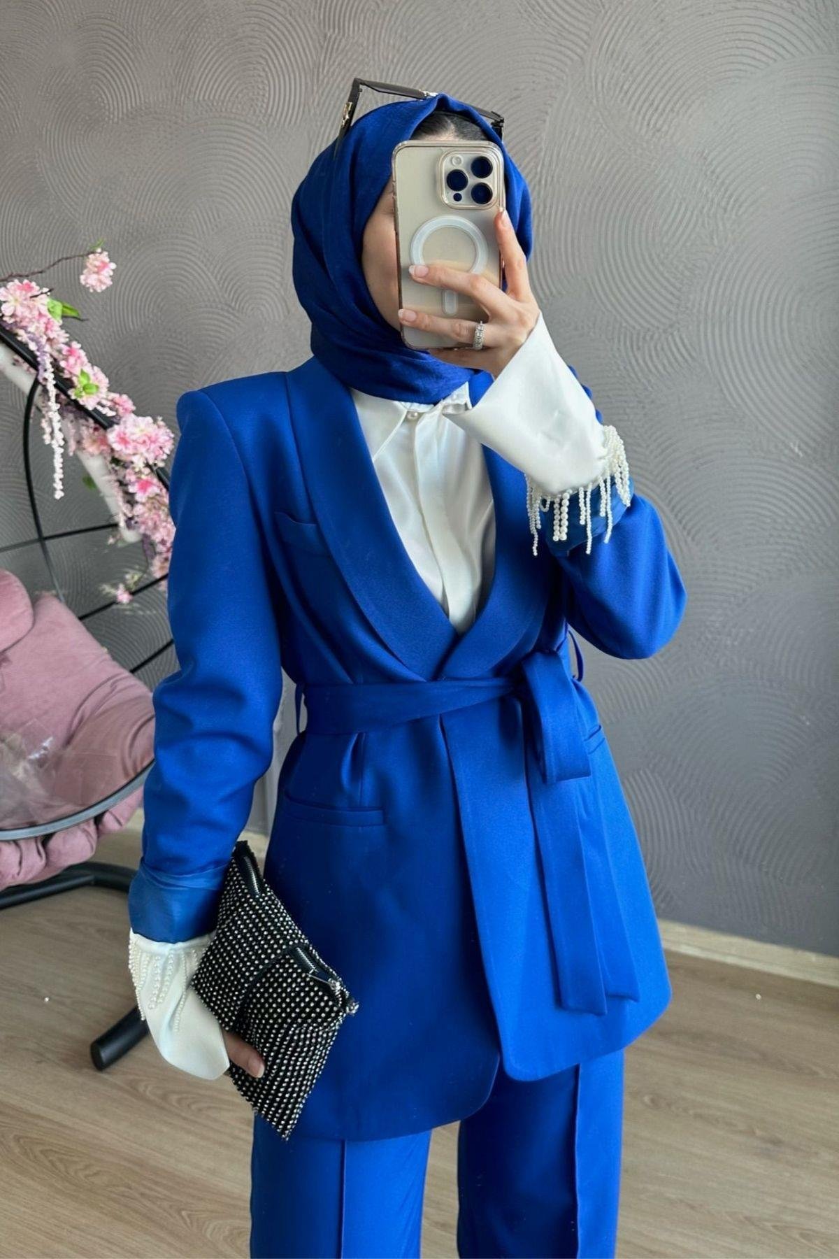 Kemerli Palazzo Takım saks, Fiyatları Kemerli Palazzo Takım Mavi – Haza Moda | Tesettür Giyim