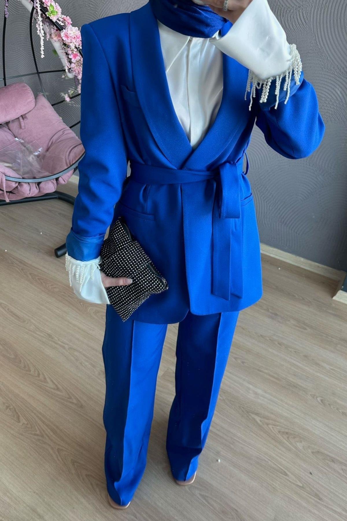 Kemerli Palazzo Takım saks, Fiyatları Kemerli Palazzo Takım Mavi – Haza Moda | Tesettür Giyim