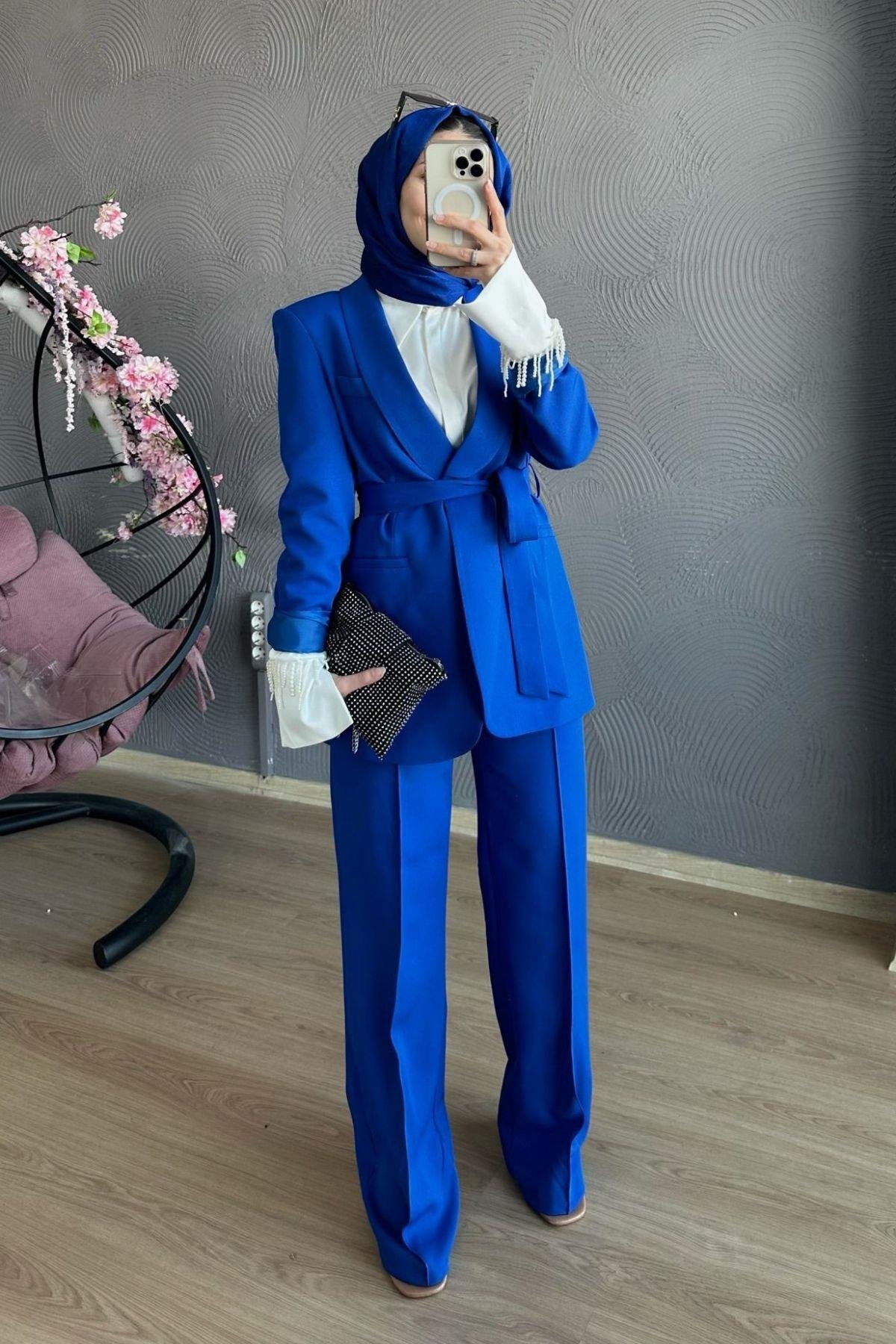 Kemerli Palazzo Takım saks, Fiyatları Kemerli Palazzo Takım Mavi – Haza Moda | Tesettür Giyim