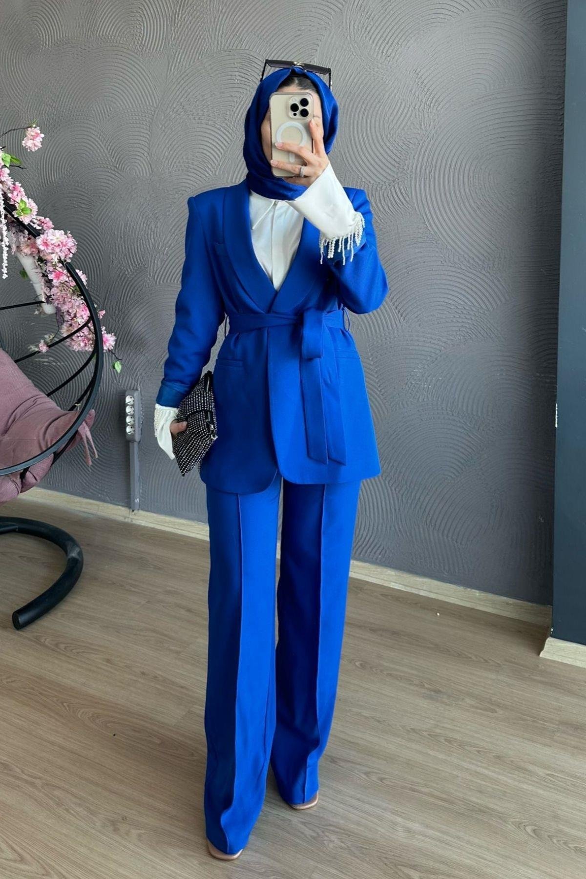 Kemerli Palazzo Takım saks, Fiyatları Kemerli Palazzo Takım Mavi – Haza Moda | Tesettür Giyim