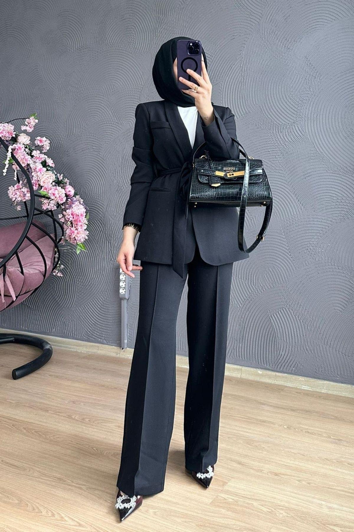 Kemerli Palazzo Takım Siyah, Fiyatları Kemerli Palazzo Takım Siyah – Haza Moda | Tesettür Giyim