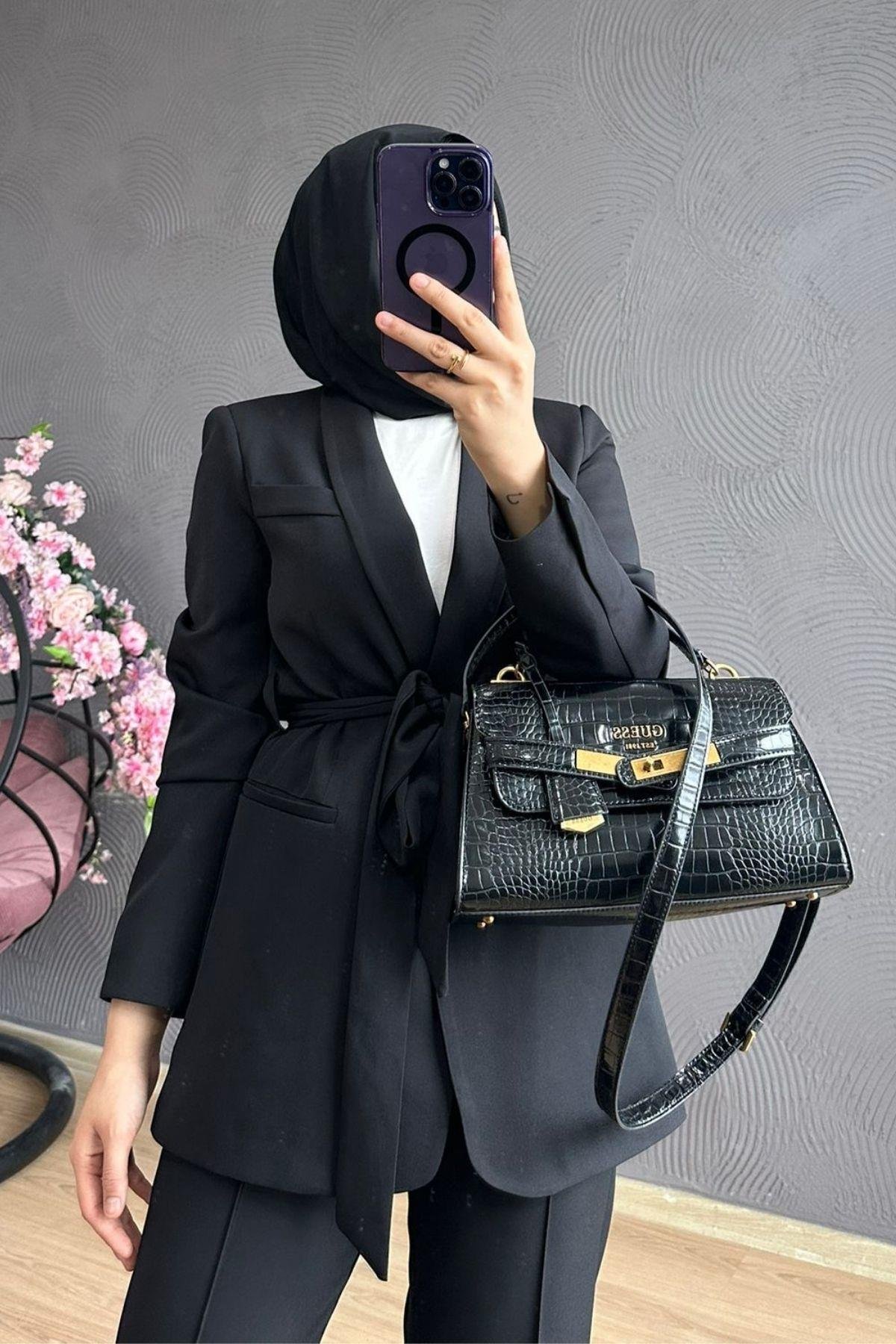 Kemerli Palazzo Takım Siyah, Fiyatları Kemerli Palazzo Takım Siyah – Haza Moda | Tesettür Giyim