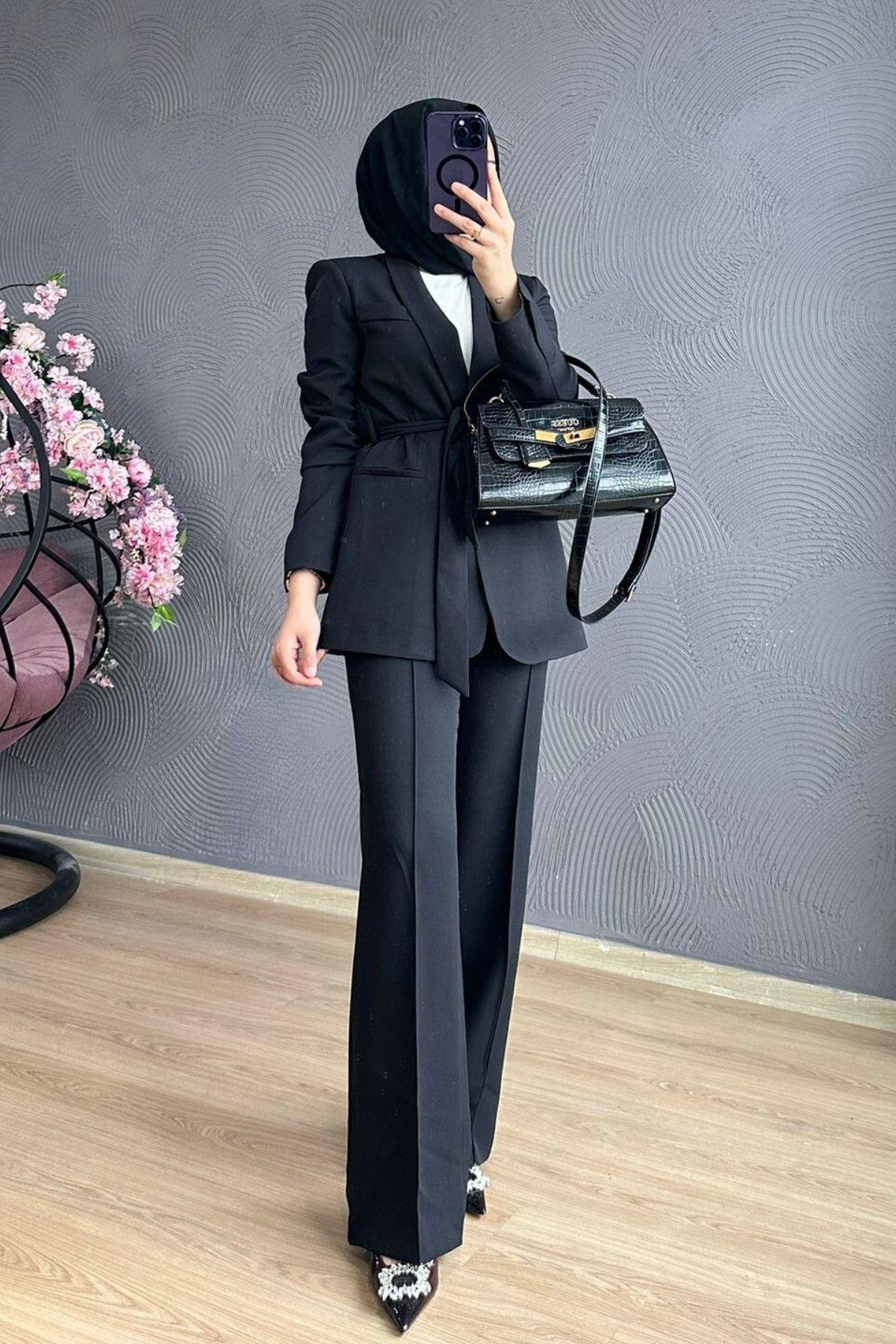 Kemerli Palazzo Takım Siyah, Fiyatları Kemerli Palazzo Takım Siyah – Haza Moda | Tesettür Giyim
