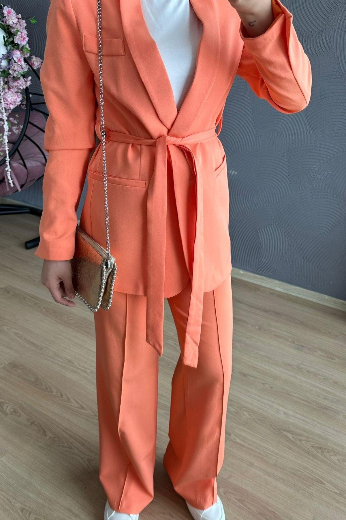 Kemerli Palazzo Takım Somon, Fiyatları Kemerli Palazzo Takım Somon – Haza Moda | Tesettür Giyim