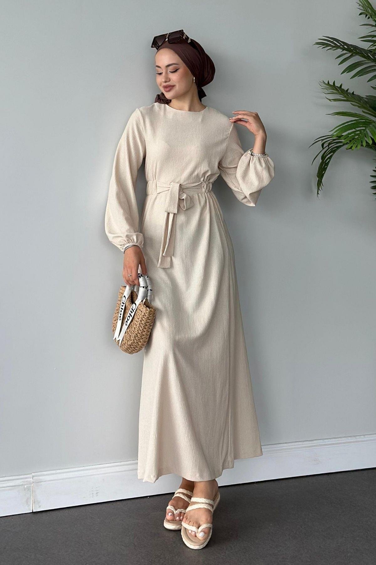 Kendinden Kemerli Elbise Bej, Fiyatları 