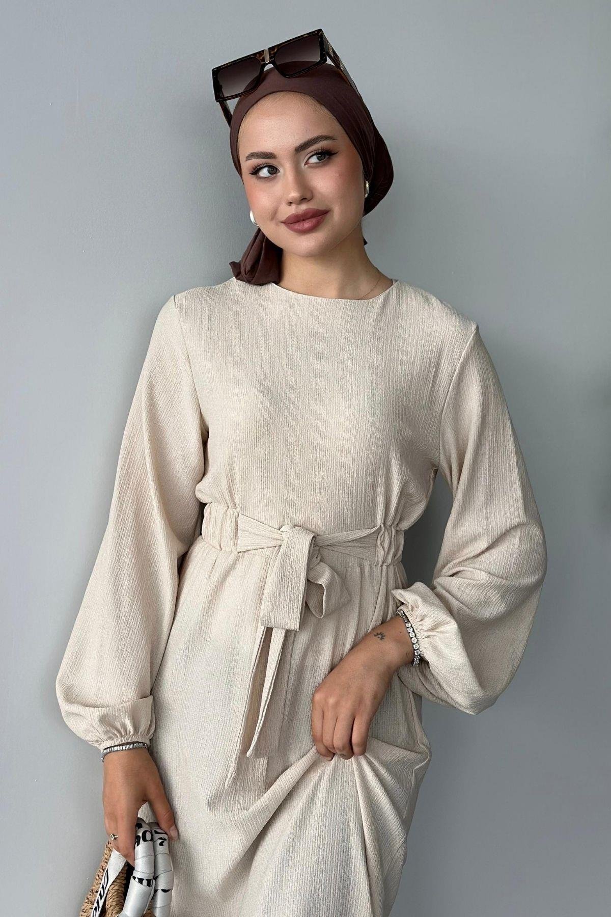 Kendinden Kemerli Elbise Bej, Fiyatları 