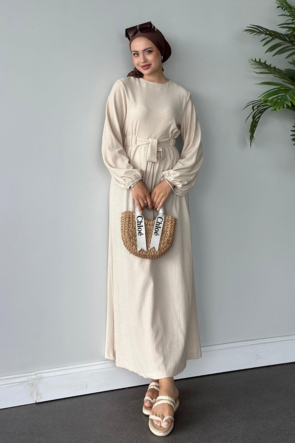 Kendinden Kemerli Elbise Bej, Fiyatları 