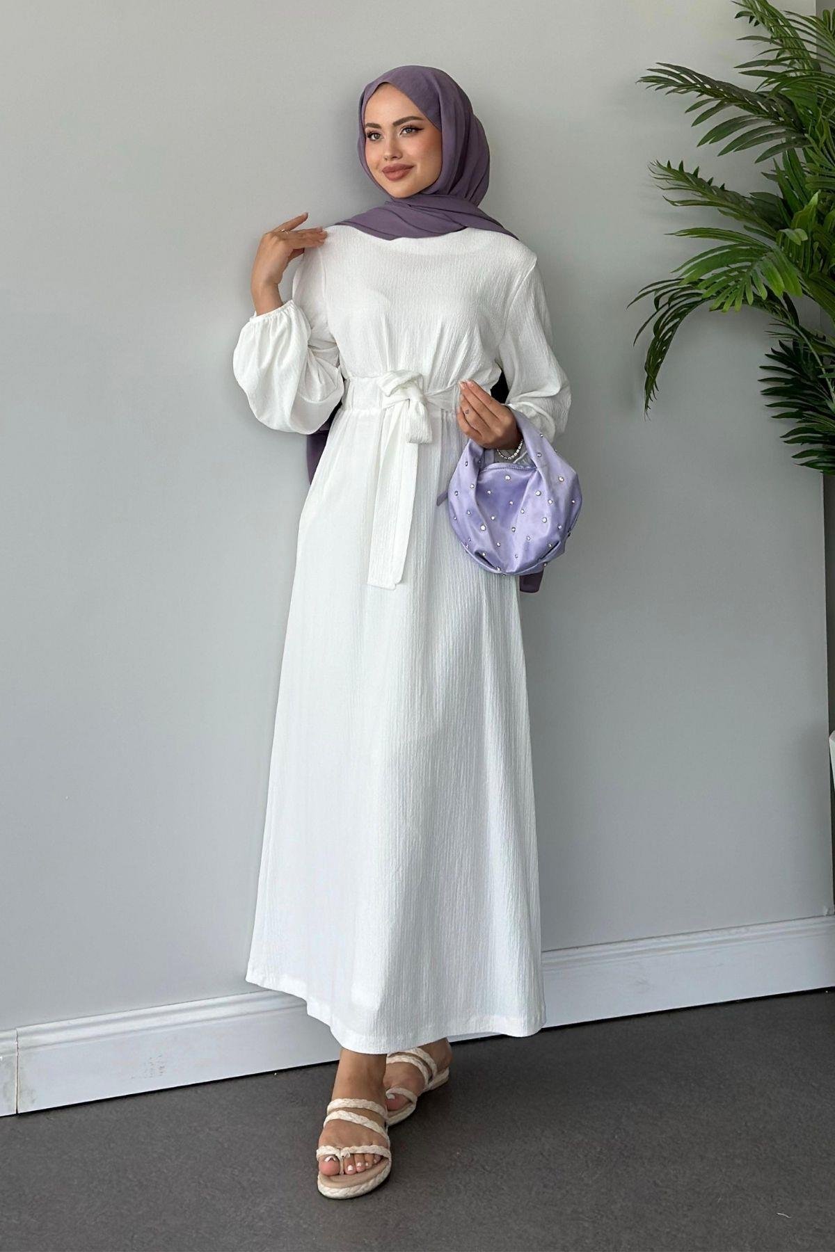 Kendinden Kemerli Elbise Beyaz, Fiyatları 