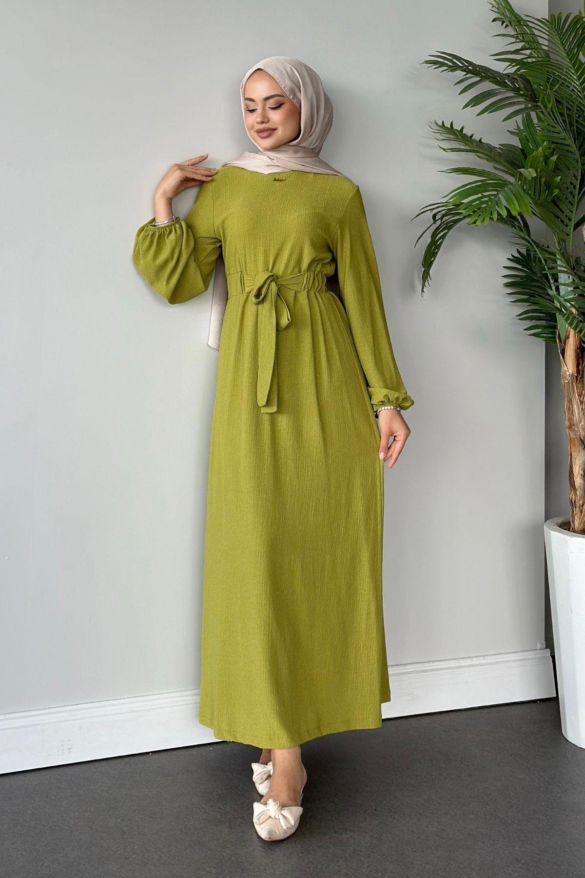 Kendinden Kemerli Elbise Yağyeşili, Fiyatları 