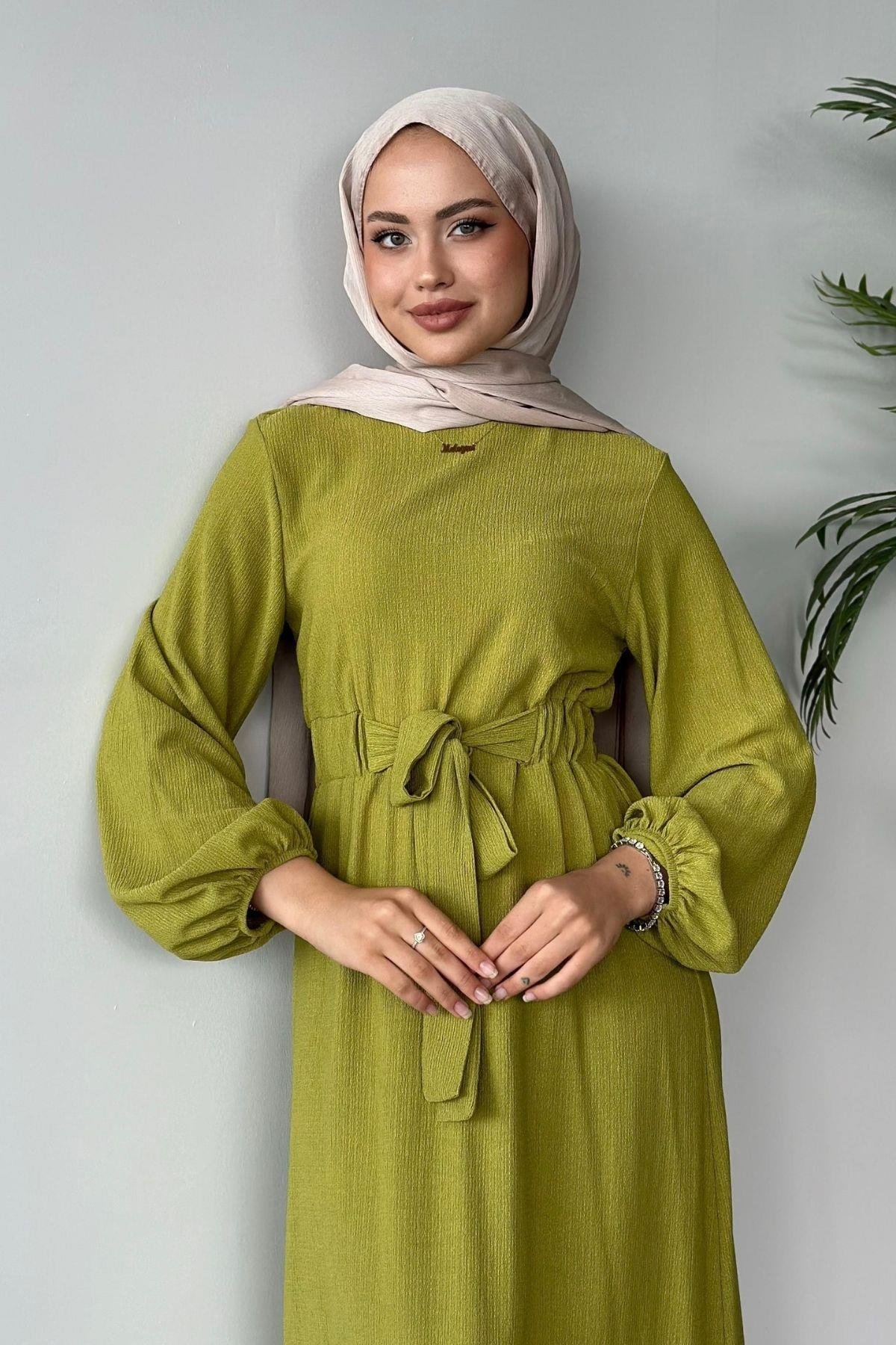 Kendinden Kemerli Elbise Yağyeşili, Fiyatları 