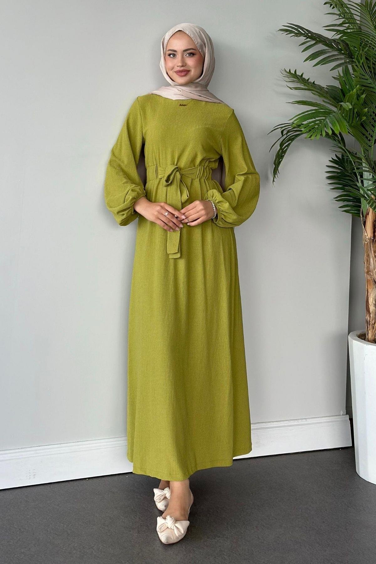 Kendinden Kemerli Elbise Yağyeşili, Fiyatları 