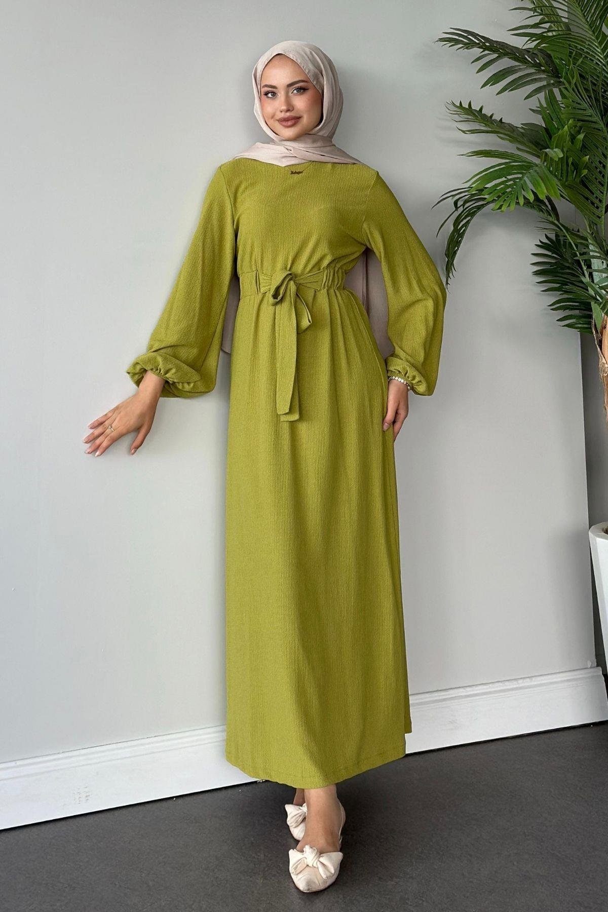 Kendinden Kemerli Elbise Yağyeşili, Fiyatları 