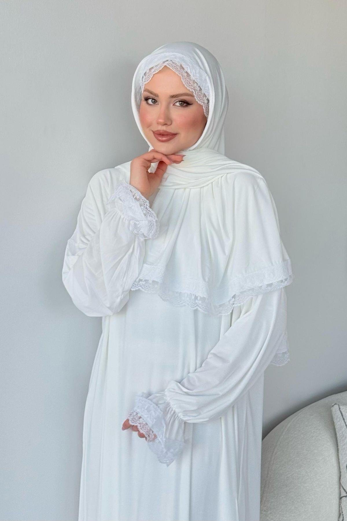 Kendinden Şallı Namaz Elbise Beyaz, Fiyatları Kendinden Şallı Namaz Elbise Beyaz - Haza Moda 