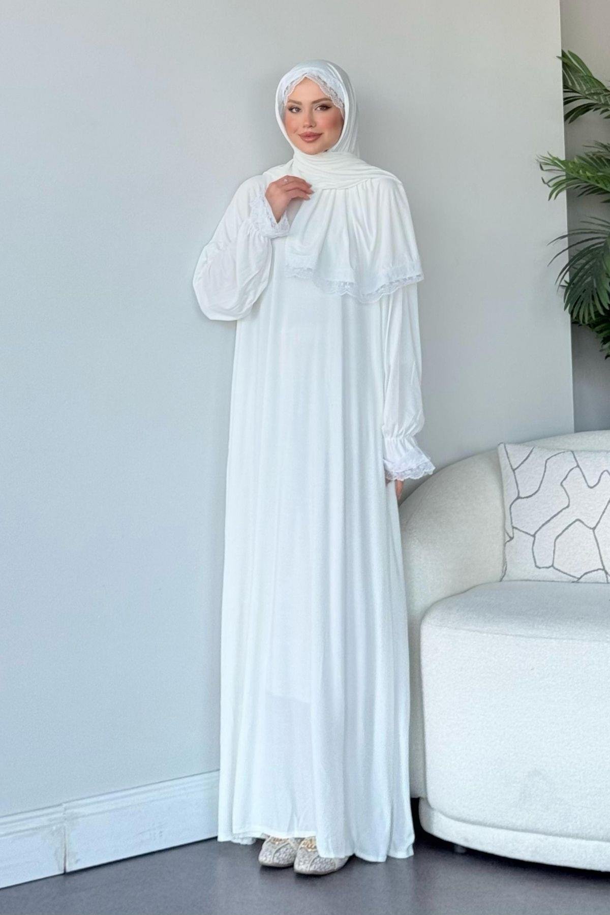Kendinden Şallı Namaz Elbise Beyaz, Fiyatları Kendinden Şallı Namaz Elbise Beyaz - Haza Moda 