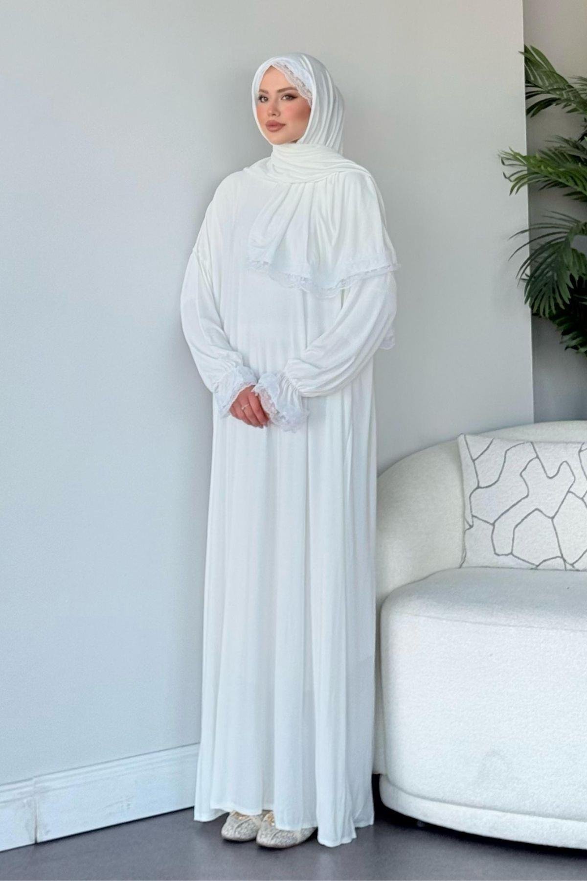 Kendinden Şallı Namaz Elbise Beyaz, Fiyatları Kendinden Şallı Namaz Elbise Beyaz - Haza Moda 