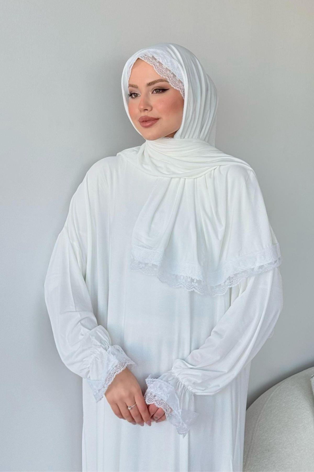Kendinden Şallı Namaz Elbise Beyaz, Fiyatları Kendinden Şallı Namaz Elbise Beyaz - Haza Moda 