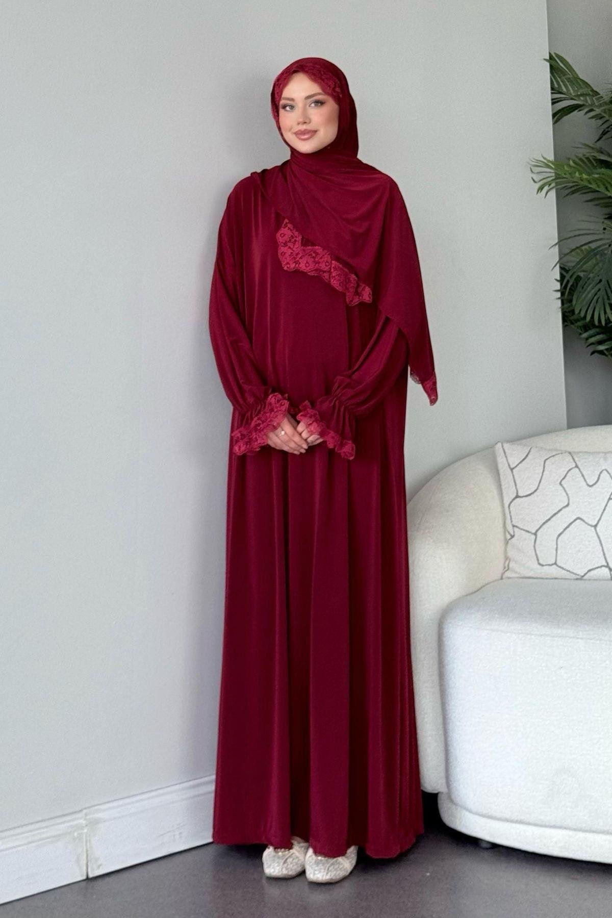 Kendinden Şallı Namaz Elbise Bordo, Fiyatları Kendinden Şallı Namaz Elbise Bordo - Haza Moda 