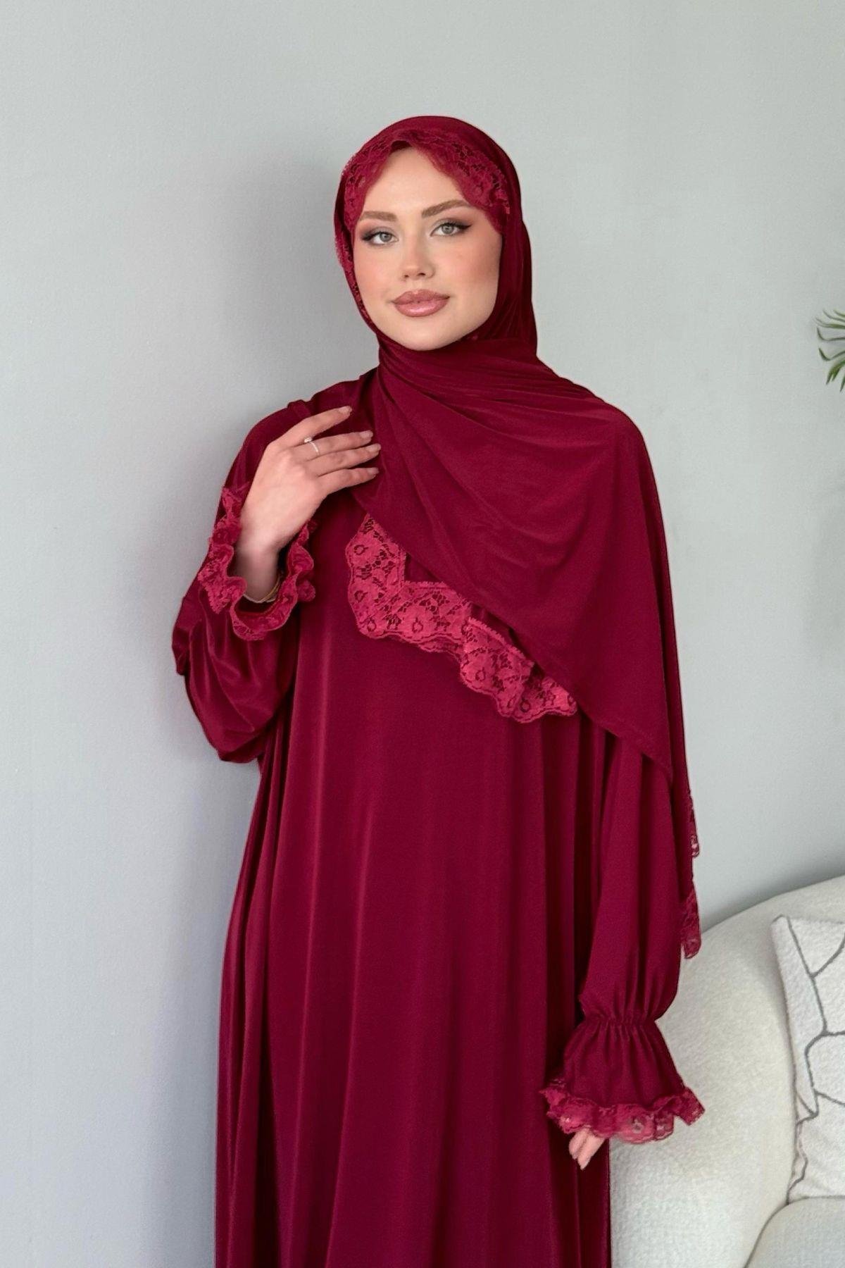 Kendinden Şallı Namaz Elbise Bordo, Fiyatları Kendinden Şallı Namaz Elbise Bordo - Haza Moda 