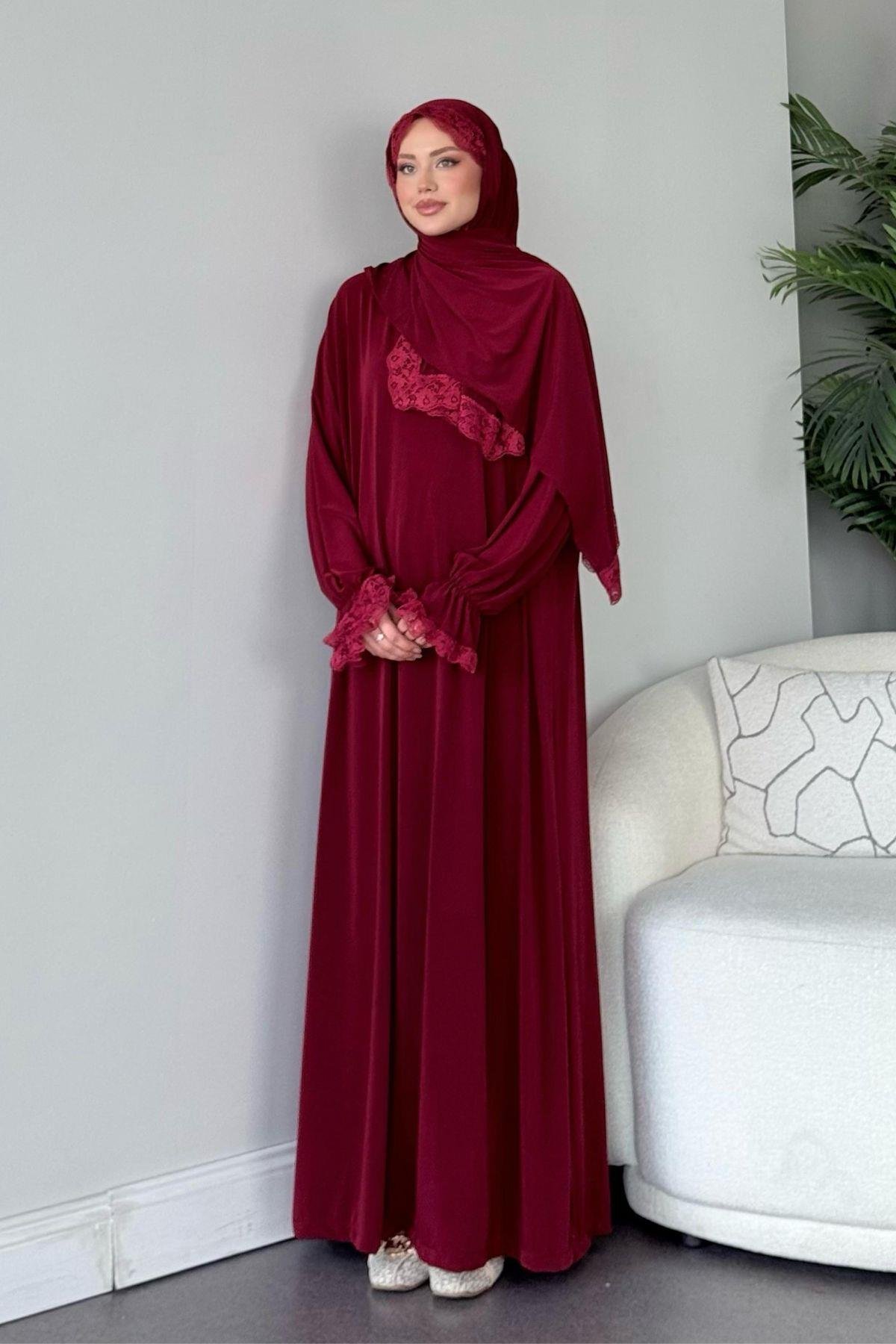 Kendinden Şallı Namaz Elbise Bordo, Fiyatları Kendinden Şallı Namaz Elbise Bordo - Haza Moda 