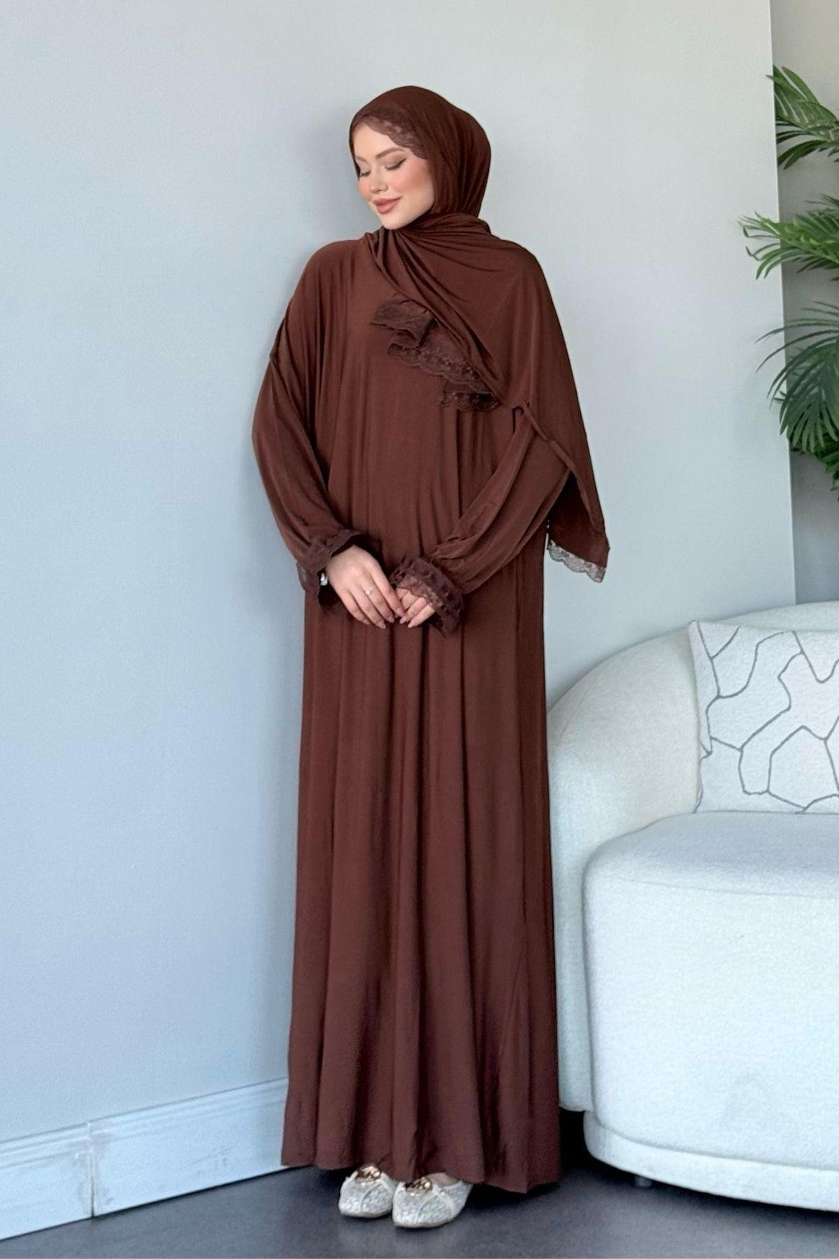 Kendinden Şallı Namaz Elbise Kahve, Fiyatları Kendinden Şallı Namaz Elbise Kahve - Haza Moda 