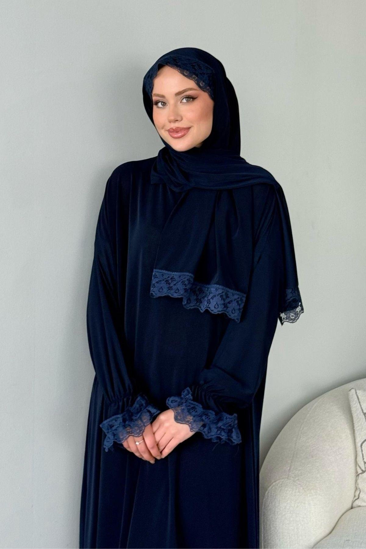 Kendinden Şallı Namaz Elbise Lacivert, Fiyatları Kendinden Şallı Namaz Elbise Lacivert - Haza Moda 