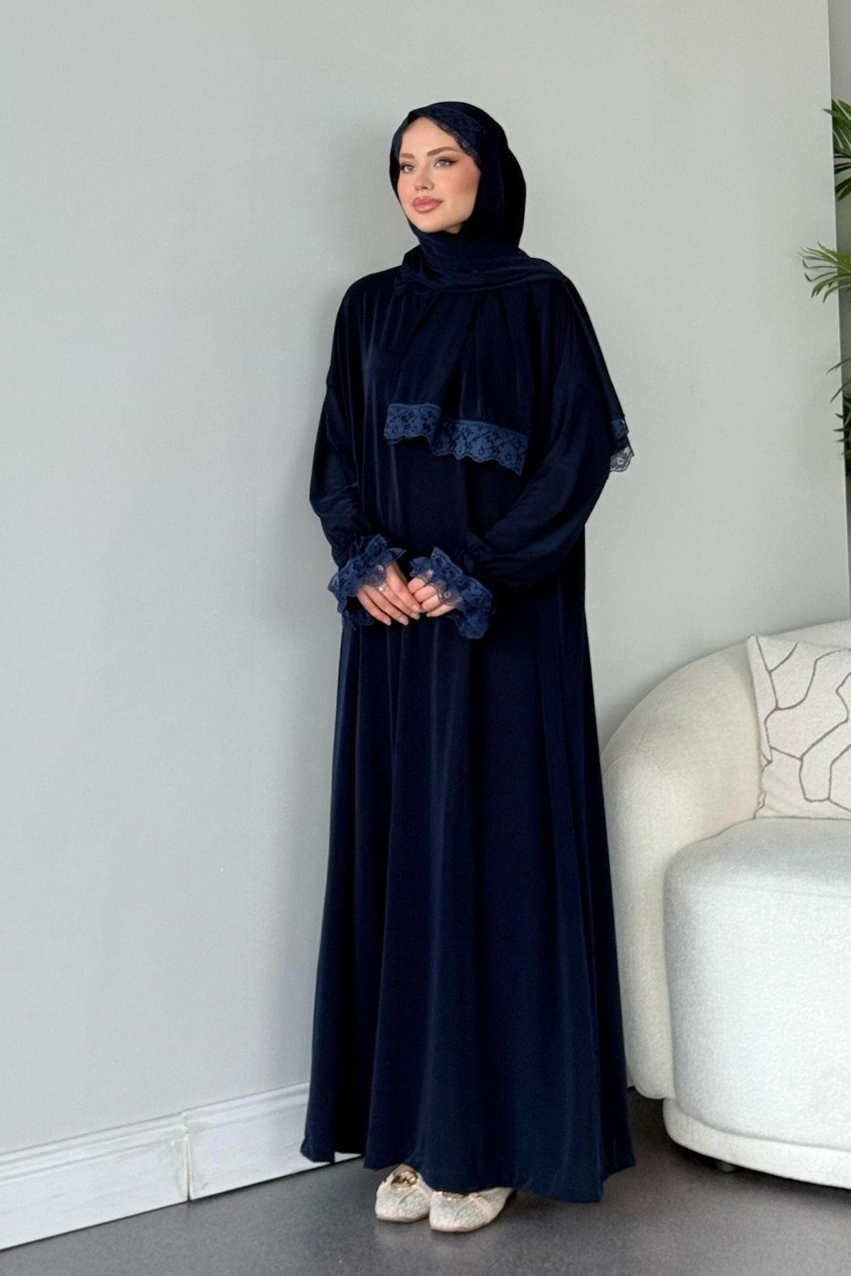 Kendinden Şallı Namaz Elbise Lacivert, Fiyatları Kendinden Şallı Namaz Elbise Lacivert - Haza Moda 