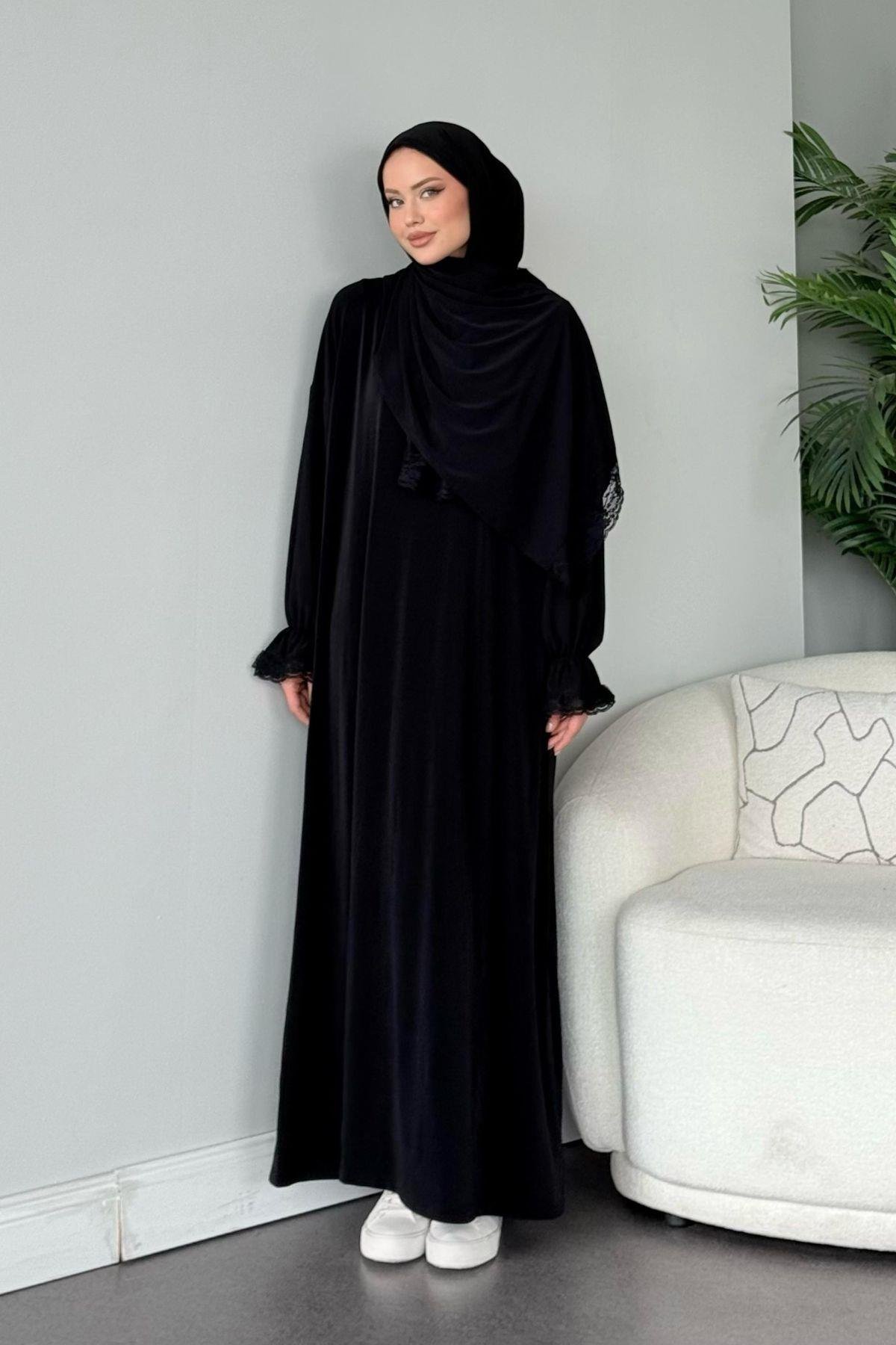 Kendinden Şallı Namaz Elbise Siyah, Fiyatları Kendinden Şallı Namaz Elbise Siyah - Haza Moda 