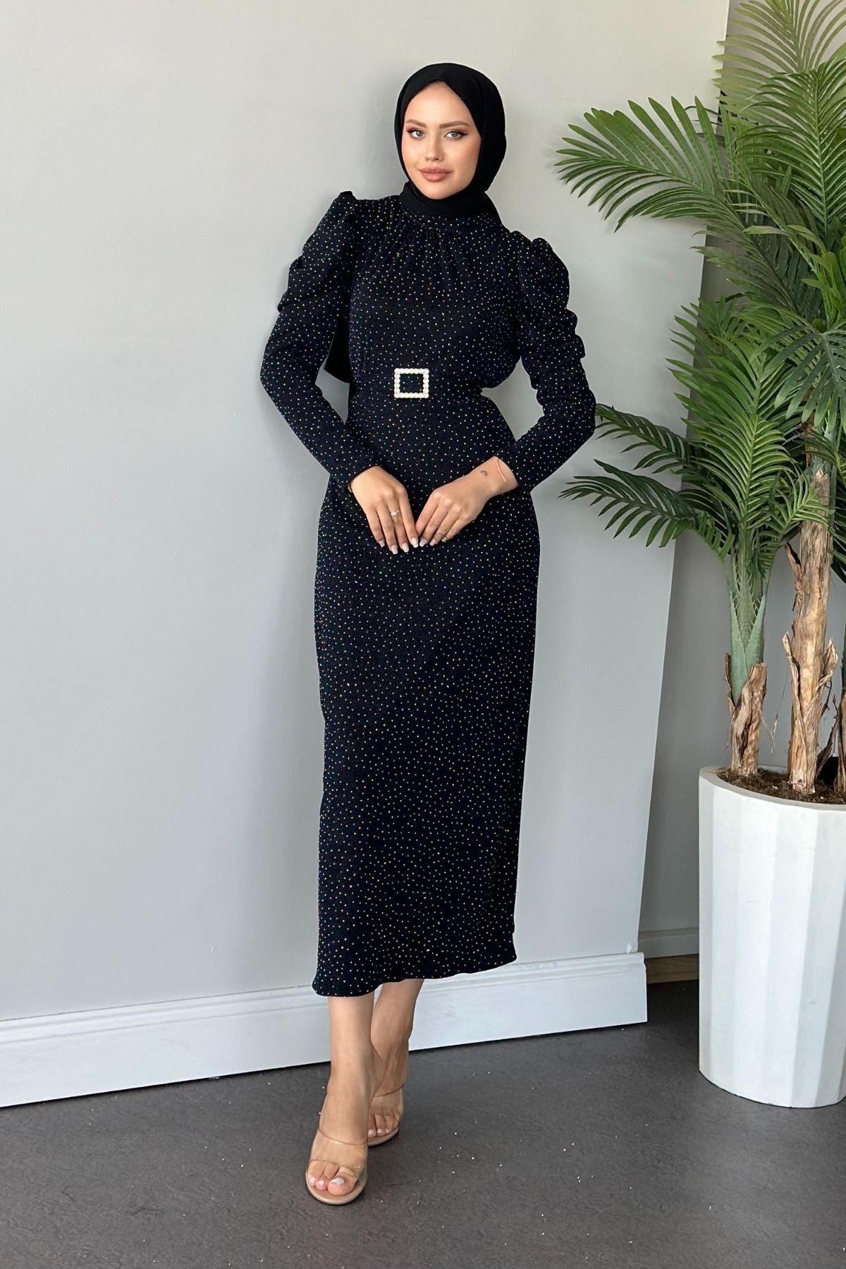 Kendinden Simli Elbise Lacivert, Fiyatları 