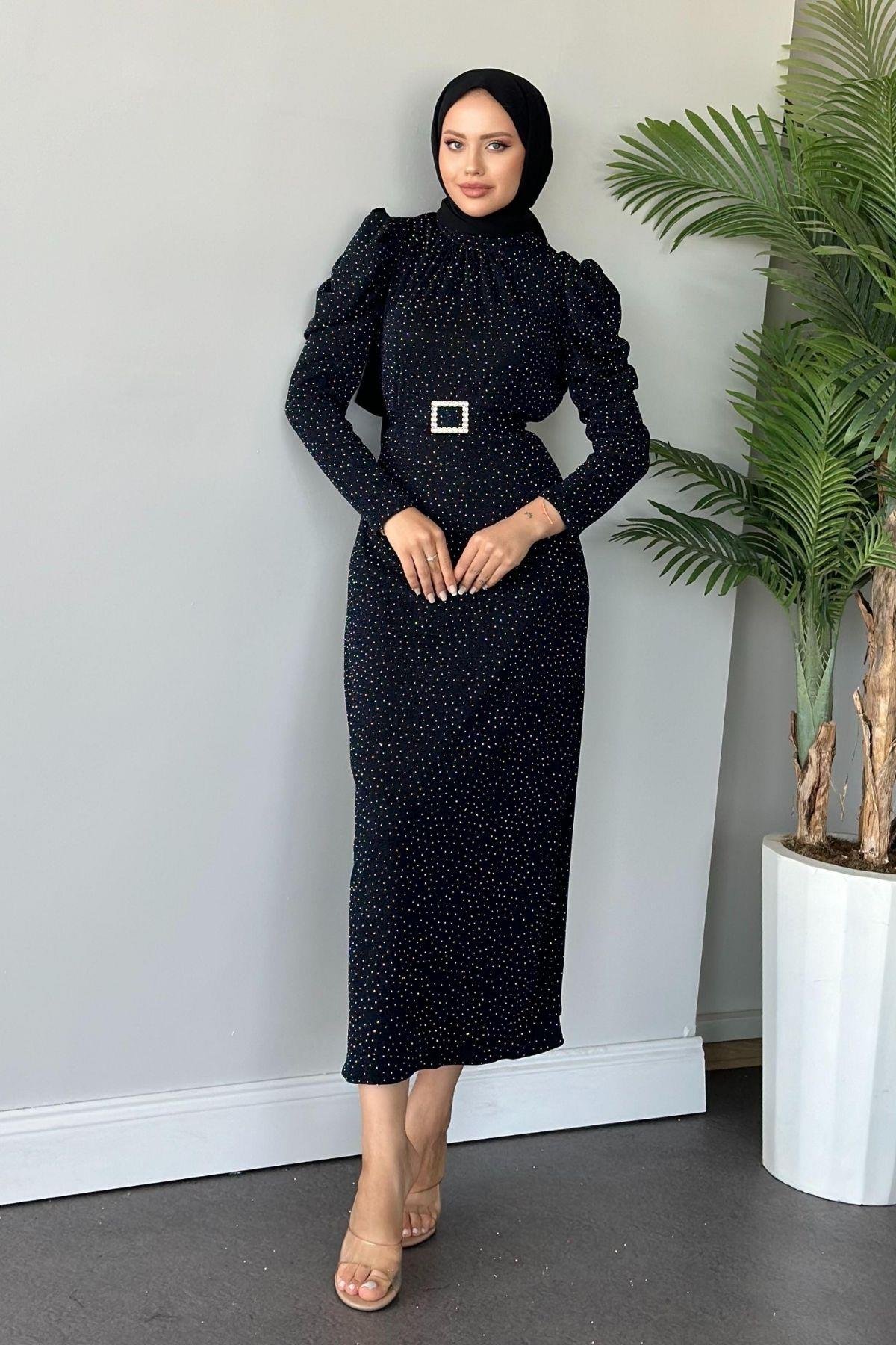 Kendinden Simli Elbise Lacivert, Fiyatları 