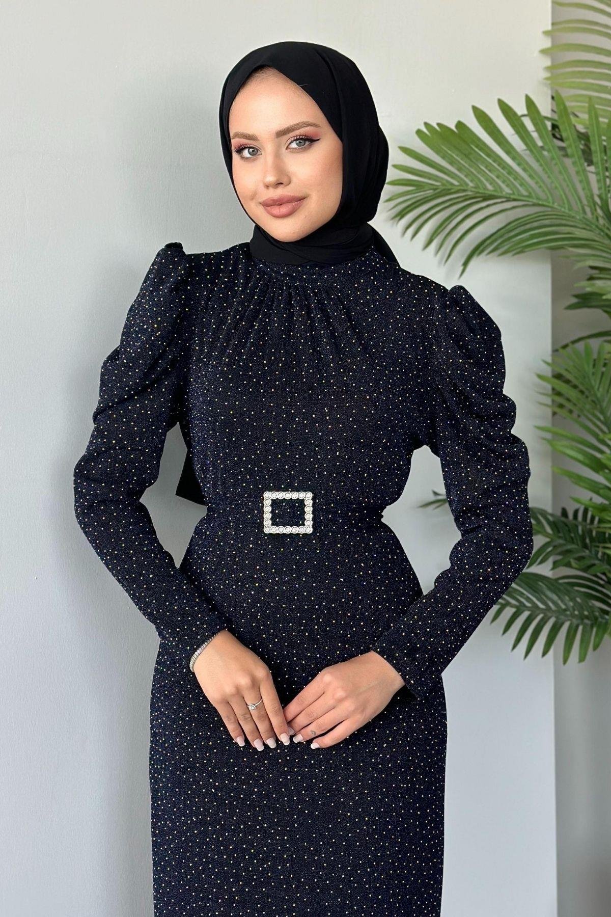 Kendinden Simli Elbise Lacivert, Fiyatları 