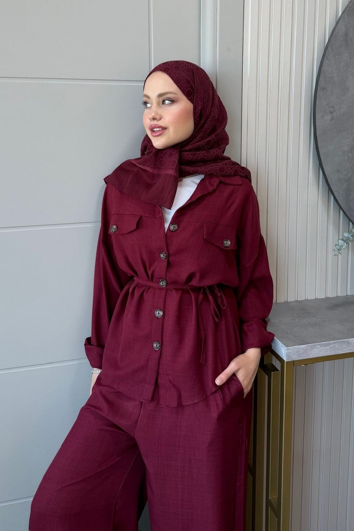 Keten Düğmeli İkili Takım Bordo, Fiyatları 