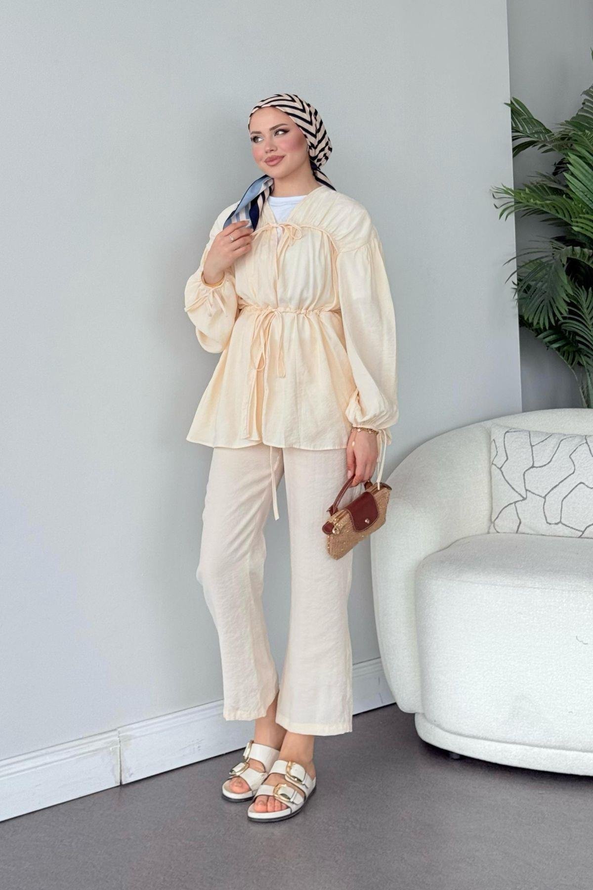 Kiko Büzgülü Takım Bej, Fiyatları Kiko Büzgülü Takım Bej- Haza Moda 