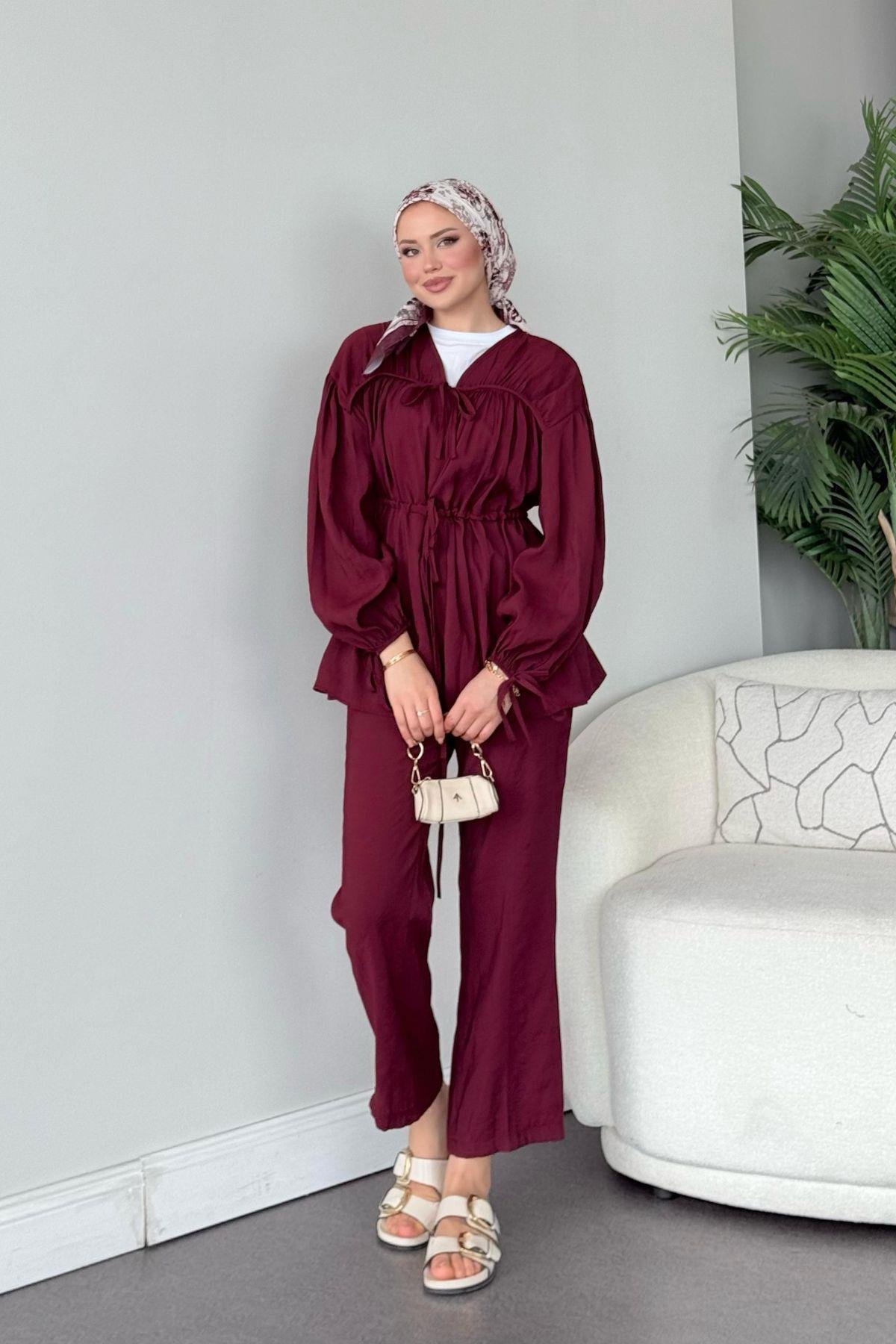Kiko Büzgülü Takım Bordo, Fiyatları Kiko Büzgülü Takım Bordo- Haza Moda 