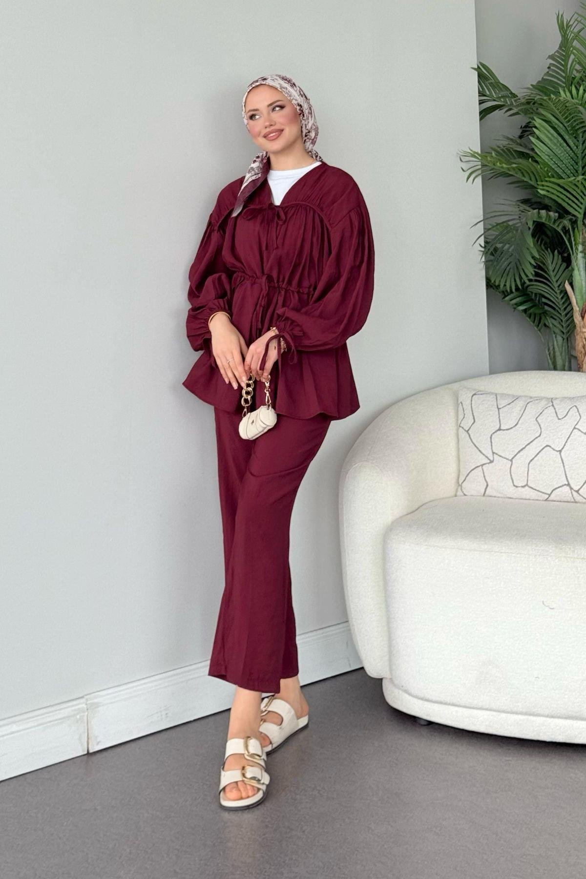 Kiko Büzgülü Takım Bordo, Fiyatları Kiko Büzgülü Takım Bordo- Haza Moda 