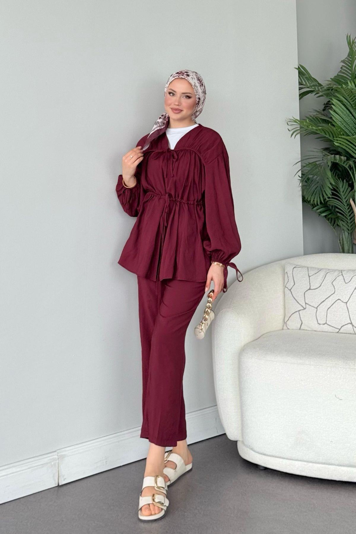 Kiko Büzgülü Takım Bordo, Fiyatları Kiko Büzgülü Takım Bordo- Haza Moda 