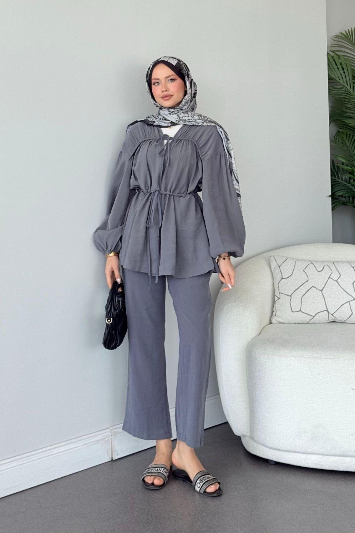 Kiko Büzgülü Takım Gri, Fiyatları Kiko Büzgülü Takım Gri- Haza Moda 
