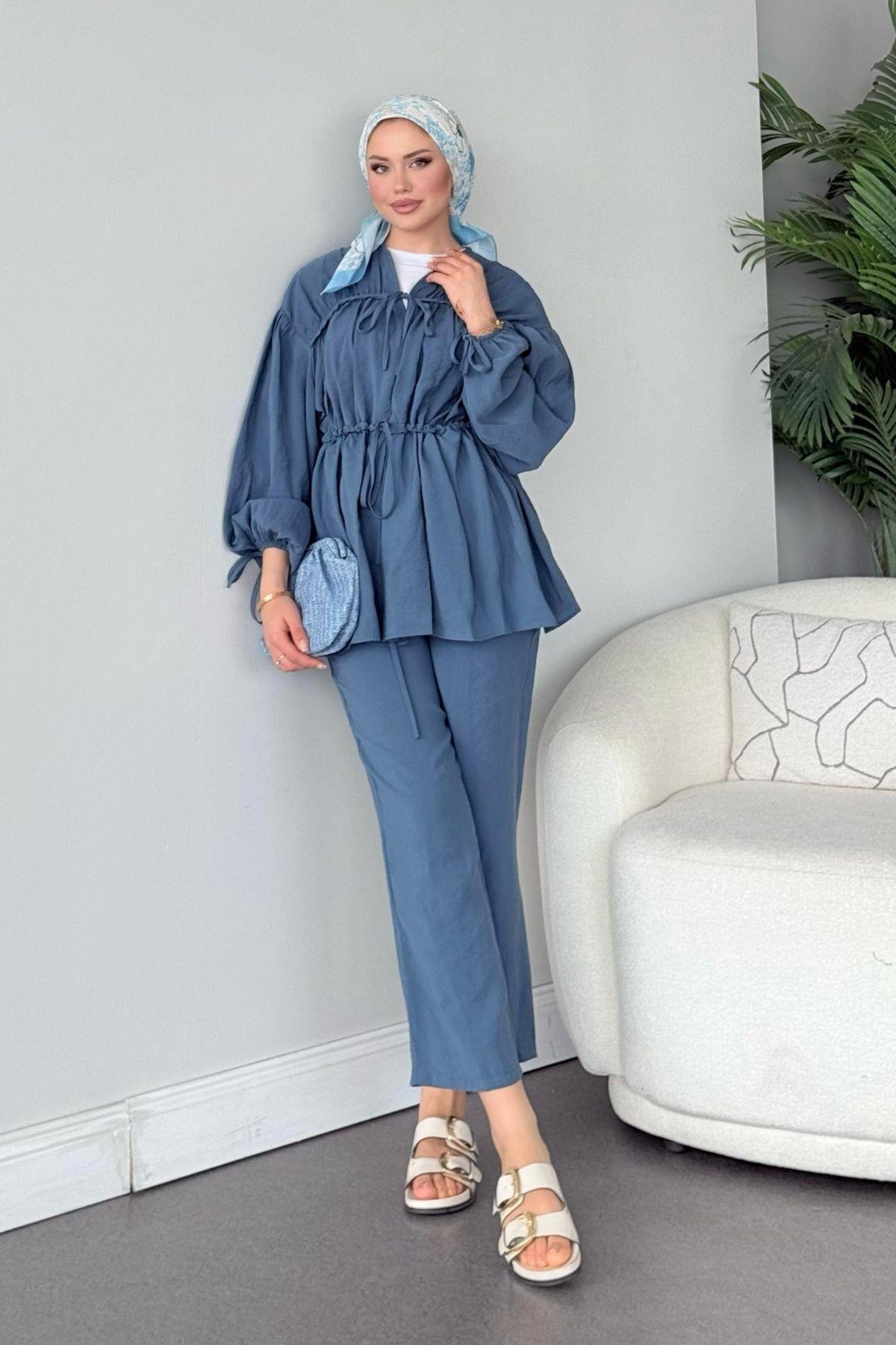 Kiko Büzgülü Takım İndigo, Fiyatları Kiko Büzgülü Takım İndigo- Haza Moda 