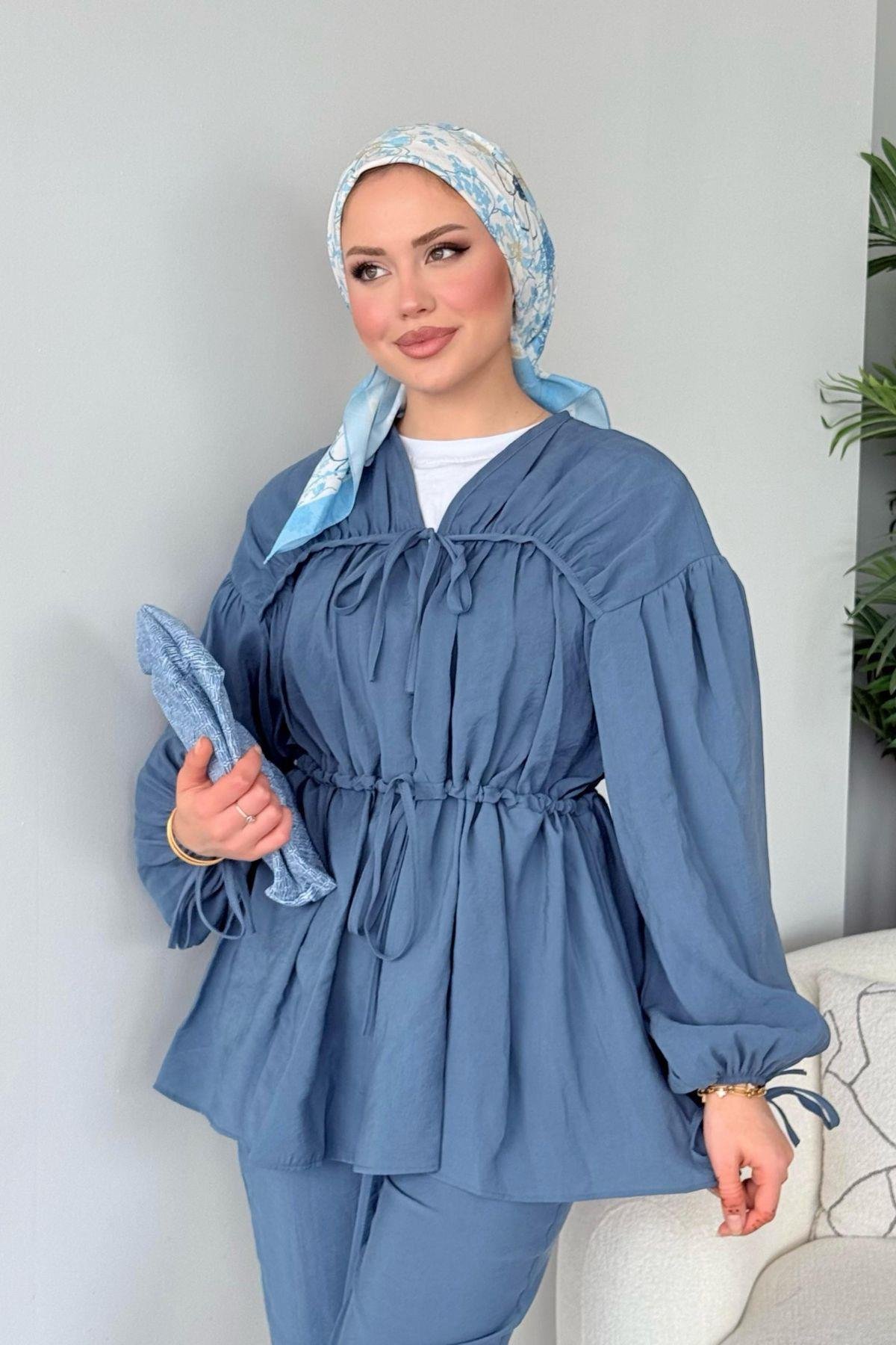 Kiko Büzgülü Takım İndigo, Fiyatları Kiko Büzgülü Takım İndigo- Haza Moda 