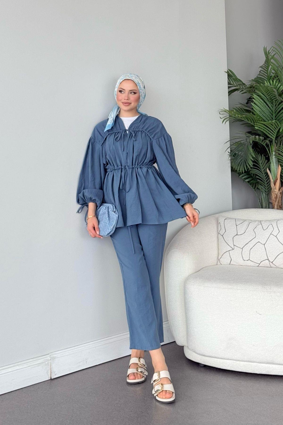 Kiko Büzgülü Takım İndigo, Fiyatları Kiko Büzgülü Takım İndigo- Haza Moda 