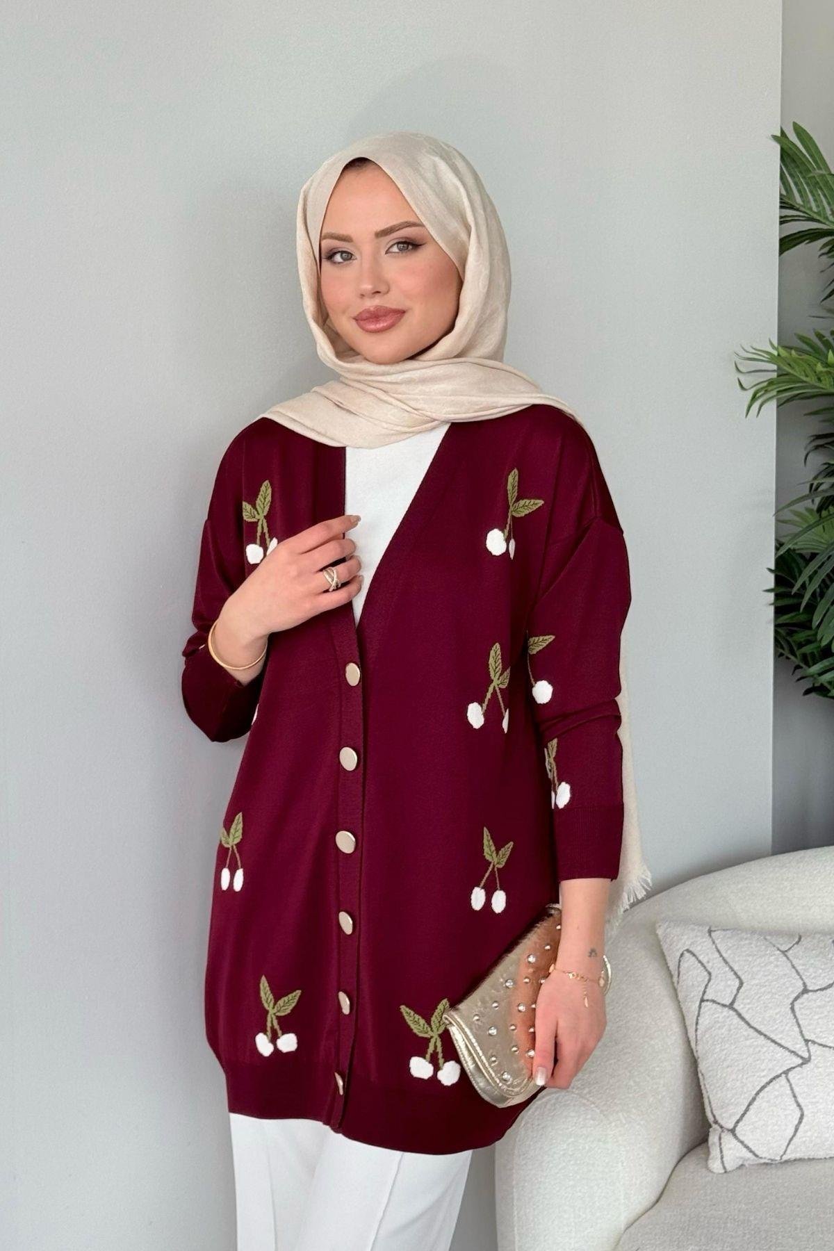 Kirazlı Merserize Hırka Bordo, Fiyatları Kirazlı Merserize Hırka Bordo- Haza Moda 