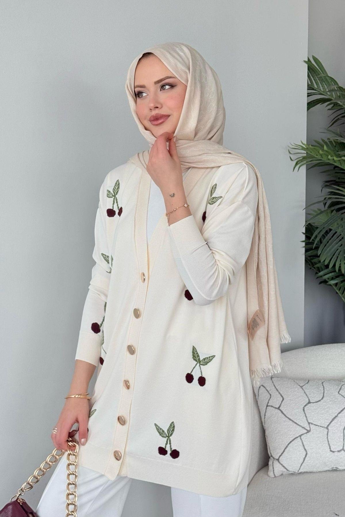 Kirazlı Merserize Hırka Ekru, Fiyatları Kirazlı Merserize Hırka Ekru- Haza Moda 