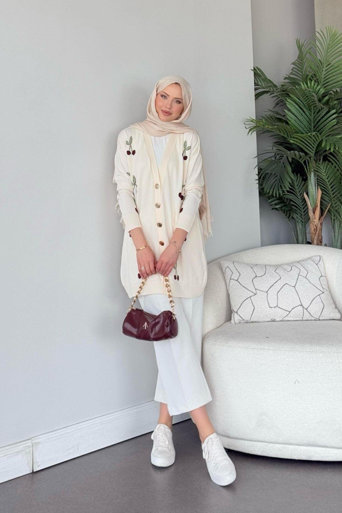 Kirazlı Merserize Hırka Ekru, Fiyatları Kirazlı Merserize Hırka Ekru- Haza Moda 