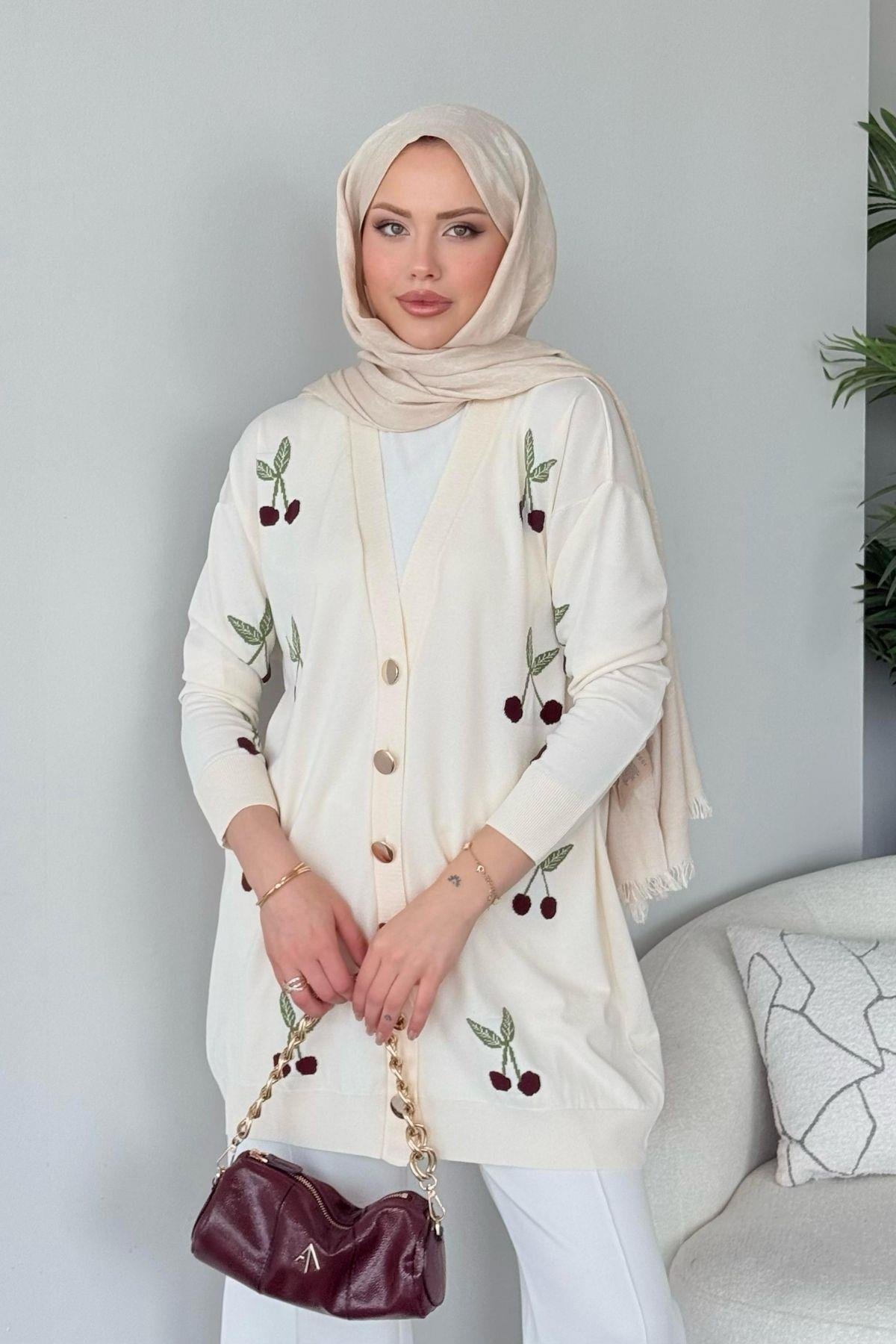 Kirazlı Merserize Hırka Ekru, Fiyatları Kirazlı Merserize Hırka Ekru- Haza Moda 