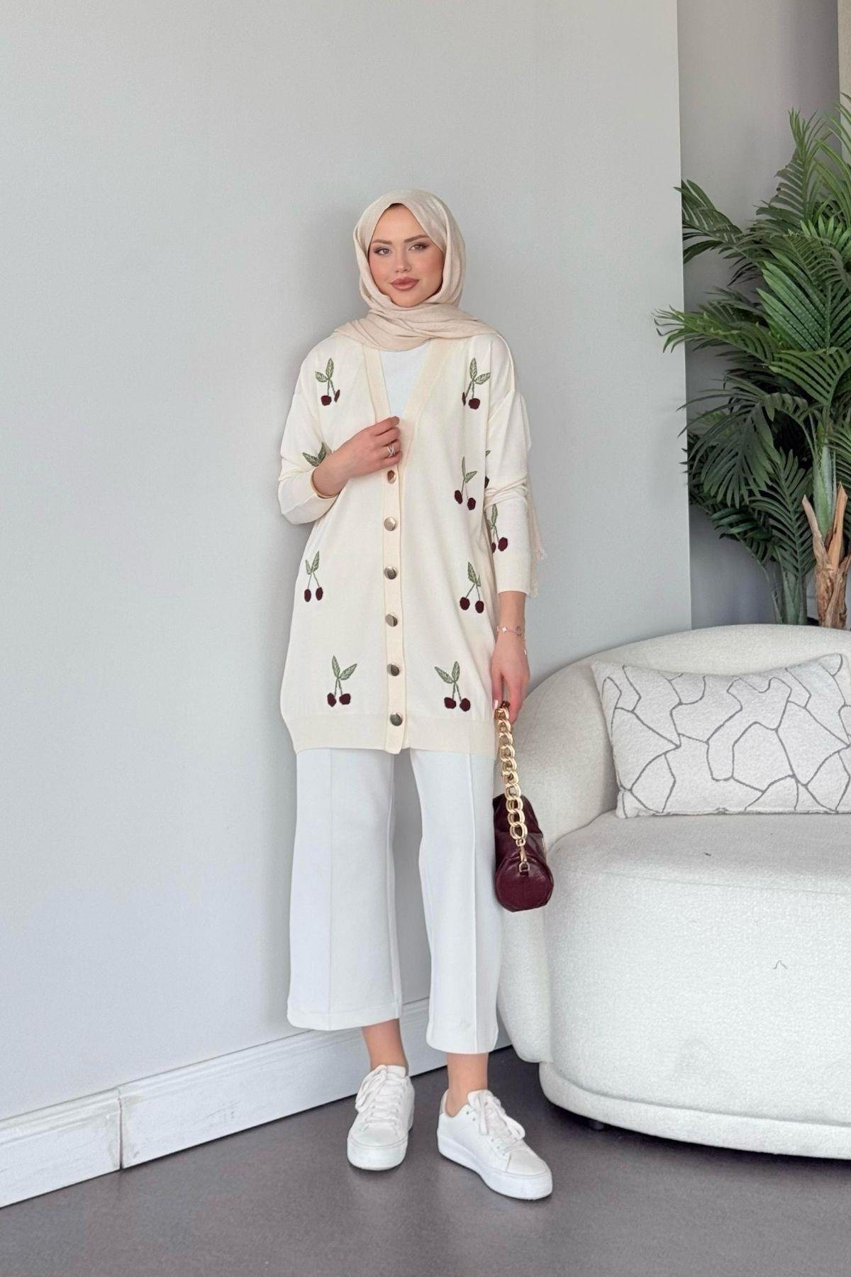 Kirazlı Merserize Hırka Ekru, Fiyatları Kirazlı Merserize Hırka Ekru- Haza Moda 