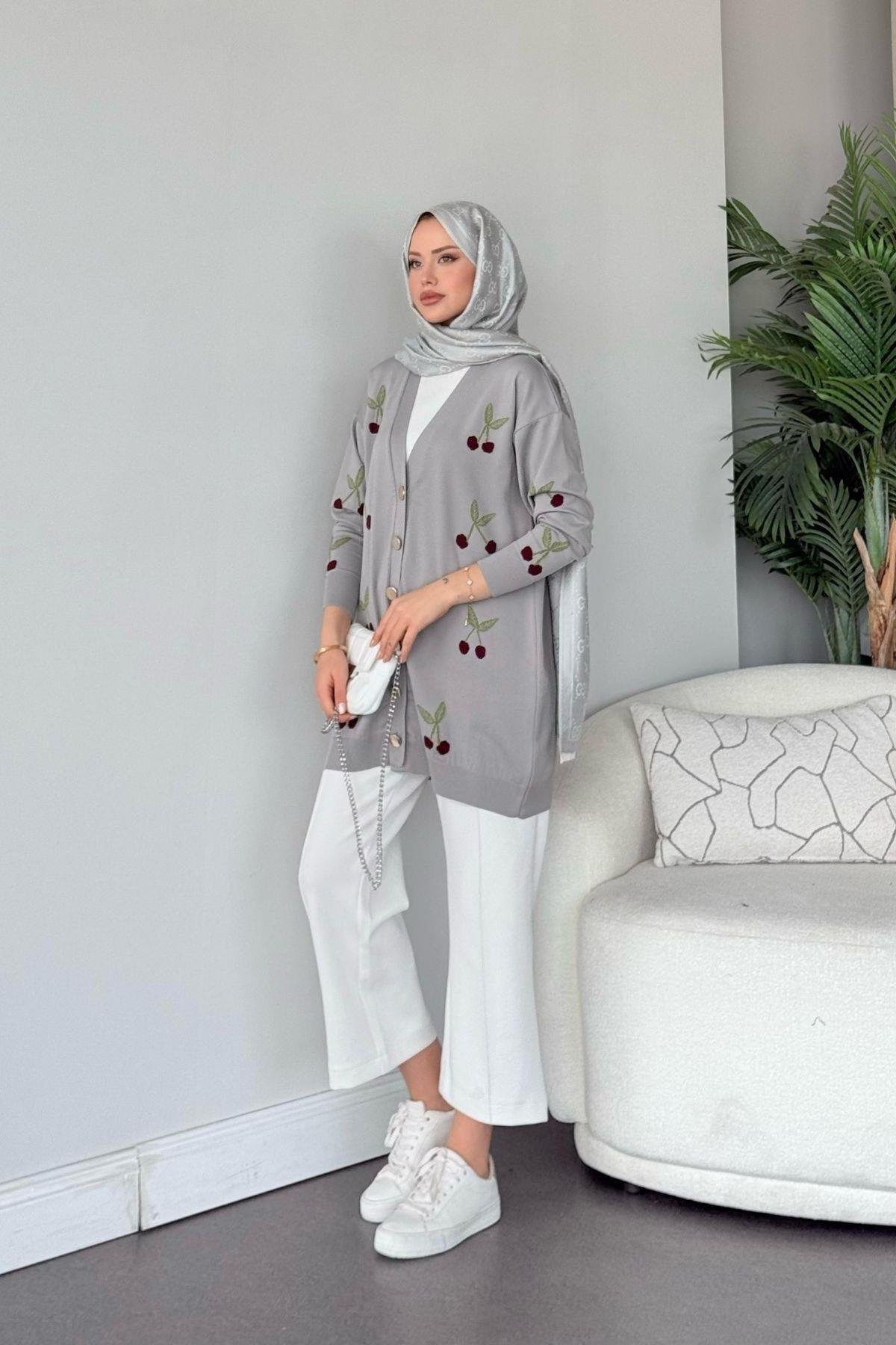 Kirazlı Merserize Hırka Gri, Fiyatları Kirazlı Merserize Hırka Gri- Haza Moda 