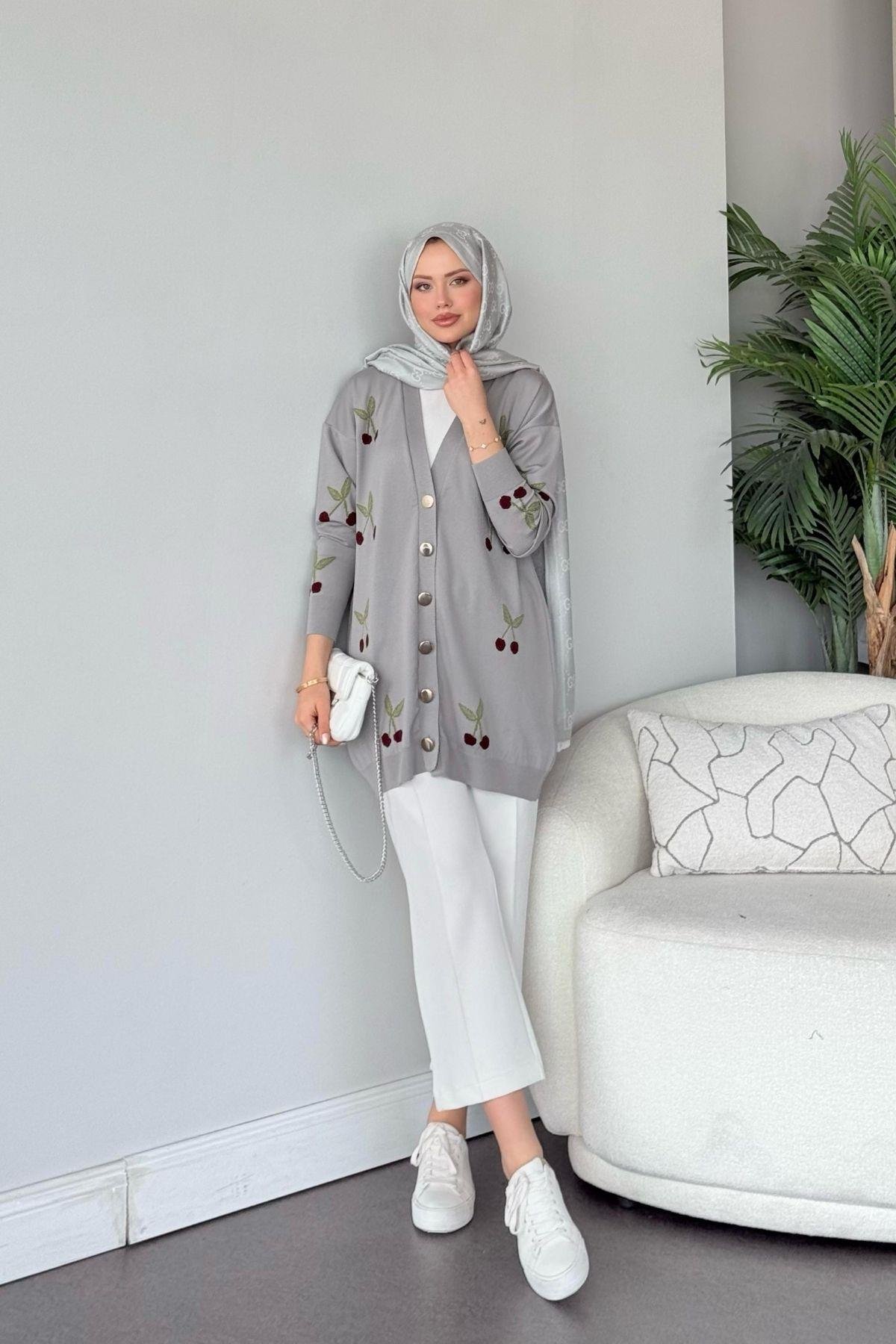 Kirazlı Merserize Hırka Gri, Fiyatları Kirazlı Merserize Hırka Gri- Haza Moda 