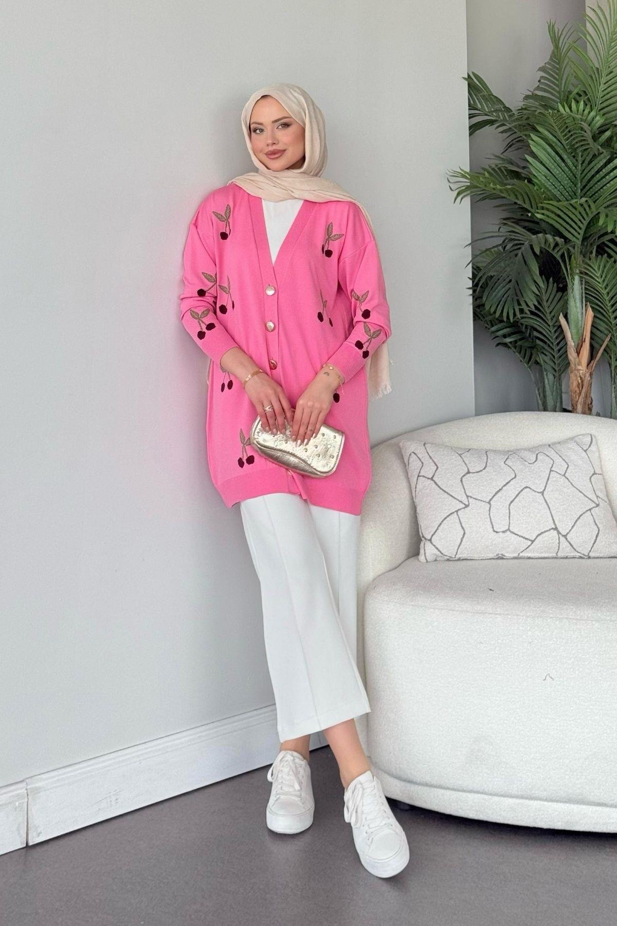 Kirazlı Merserize Hırka Pembe, Fiyatları Kirazlı Merserize Hırka Pembe- Haza Moda 