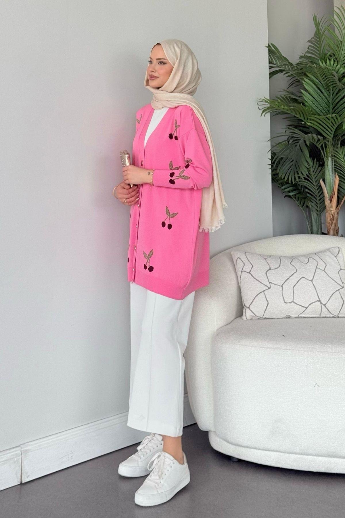 Kirazlı Merserize Hırka Pembe, Fiyatları Kirazlı Merserize Hırka Pembe- Haza Moda 