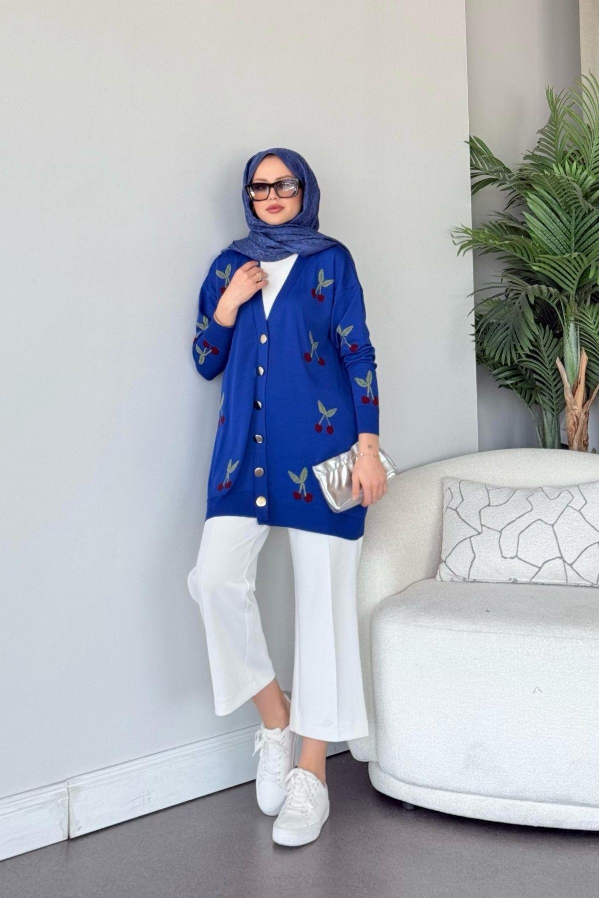 Kirazlı Merserize Hırka Saks, Fiyatları Kirazlı Merserize Hırka Saks- Haza Moda 