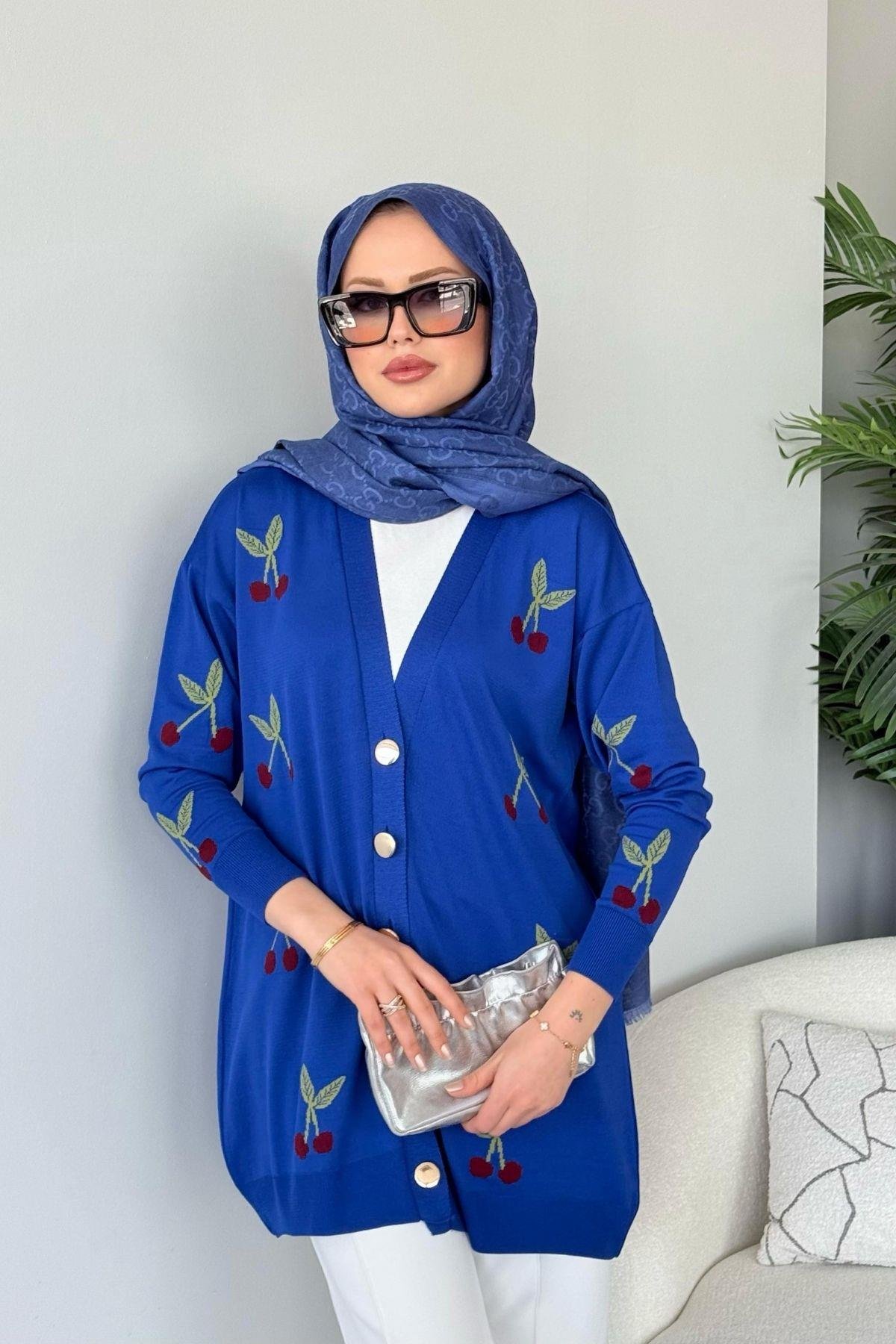 Kirazlı Merserize Hırka Saks, Fiyatları Kirazlı Merserize Hırka Saks- Haza Moda 